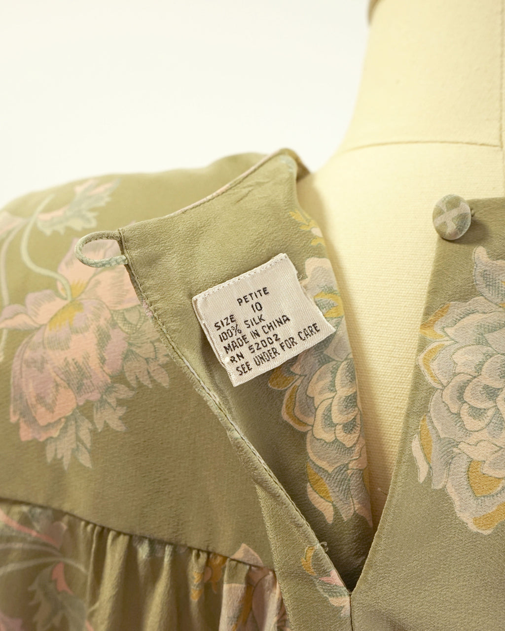 80s Olive Floral Pattern Silk Drop Waist Tie Mini Dress