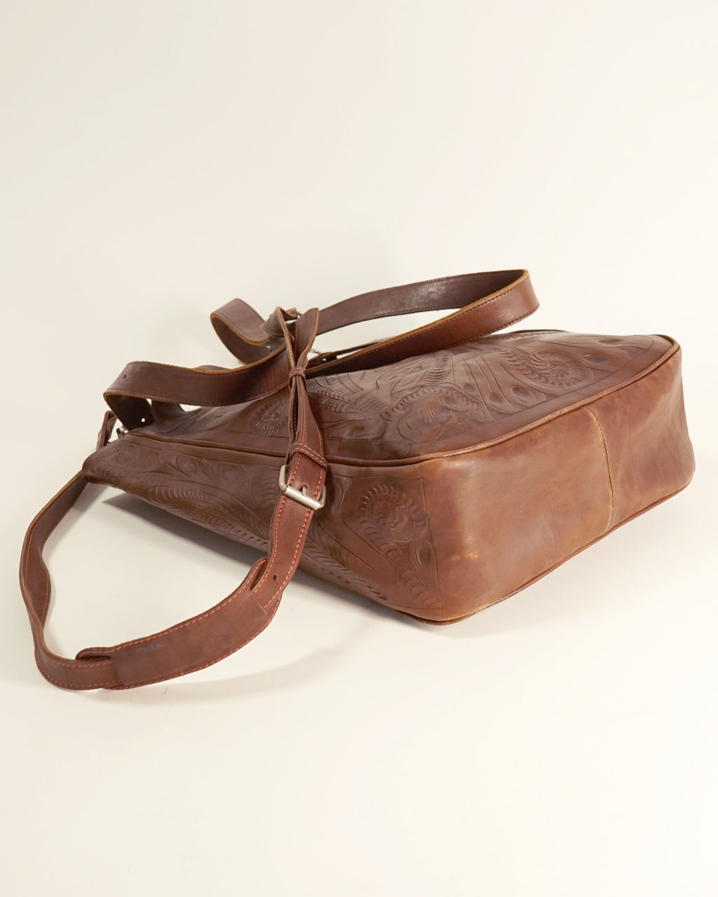 90s Dark Brown Etched Leather Tote Bag w Multiple Straps