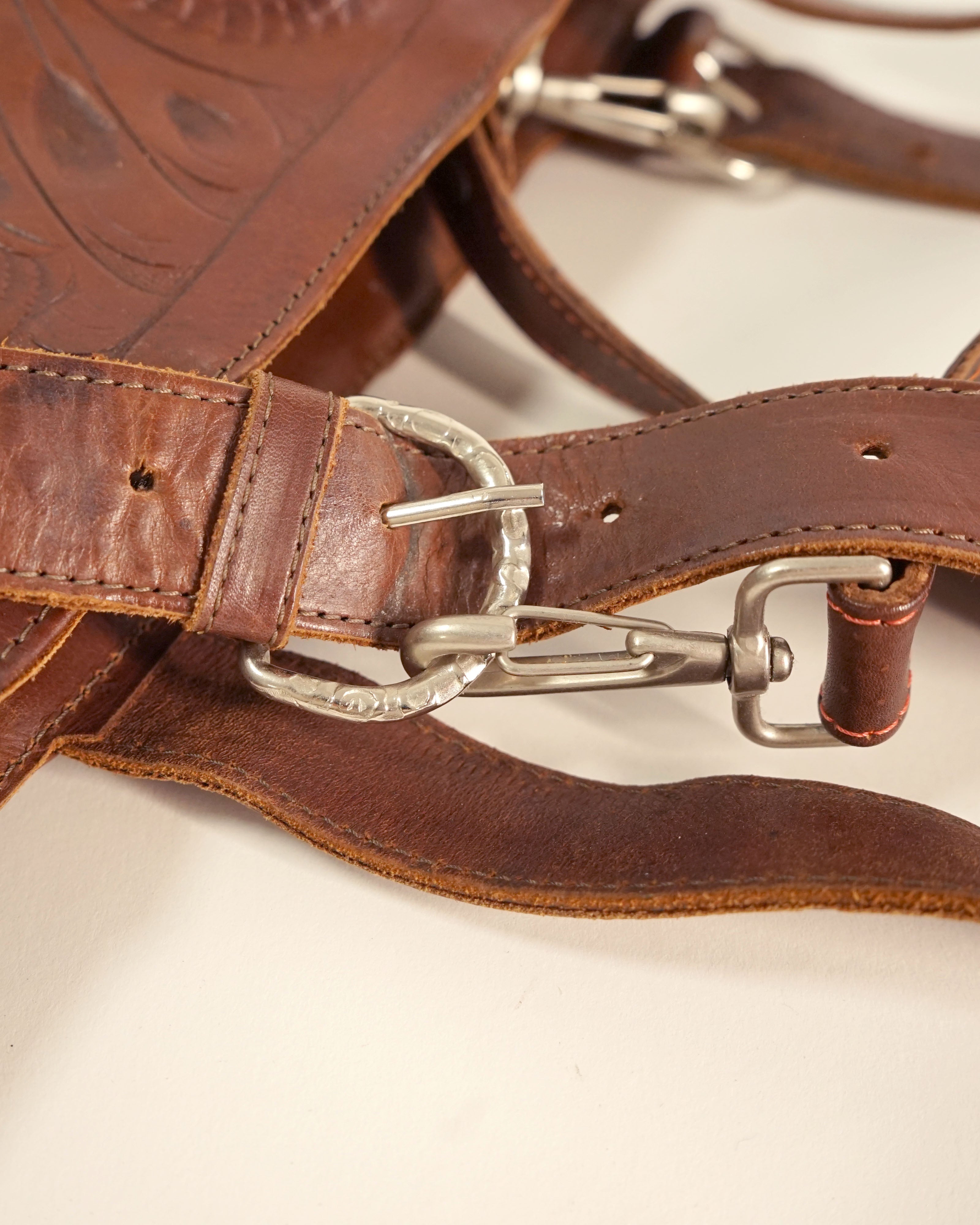 90s Dark Brown Etched Leather Tote Bag w Multiple Straps