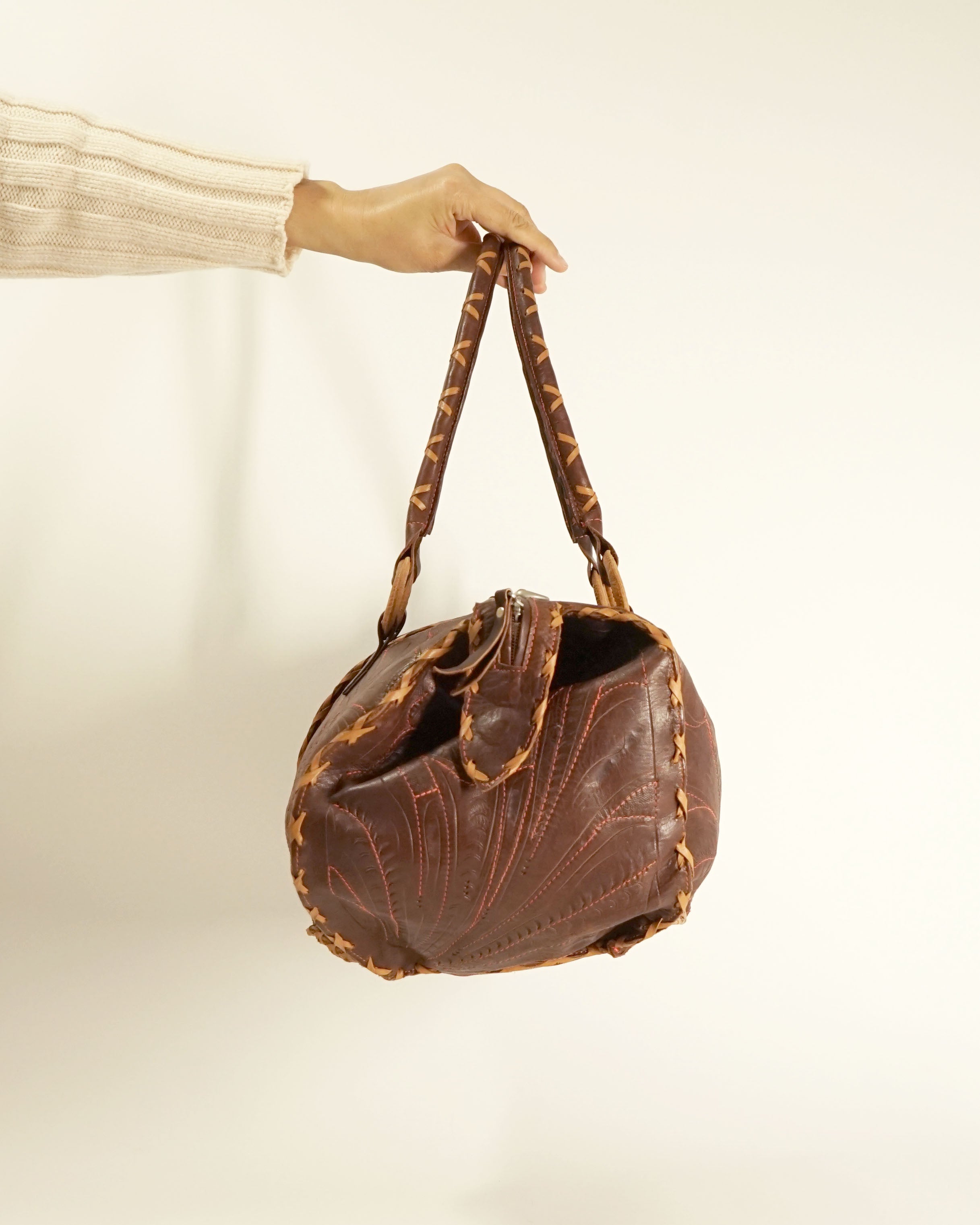 1990s Etched Leather Duffel Bag