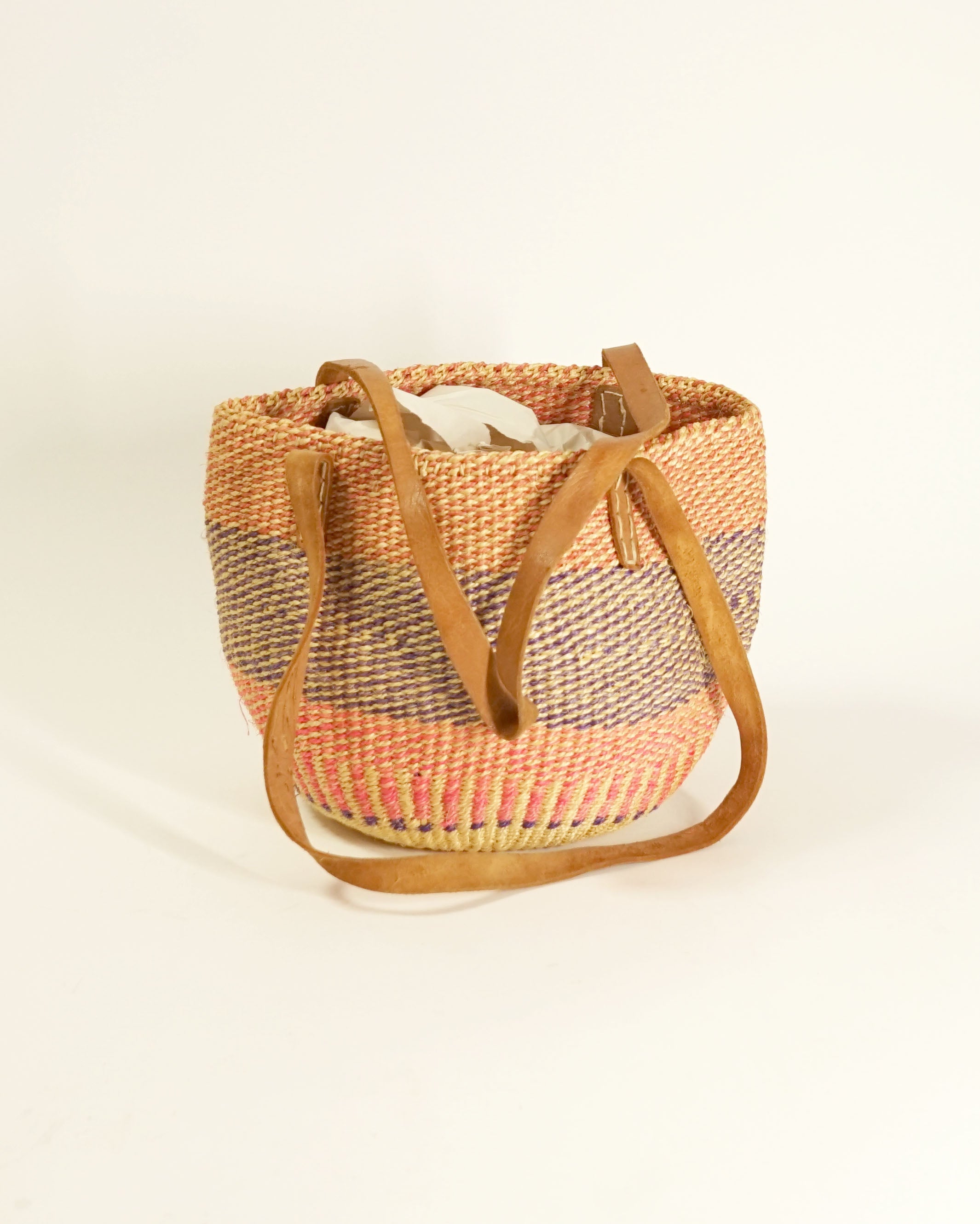 80s Handmade Pink & Purple Straw Bag w Leather Straps