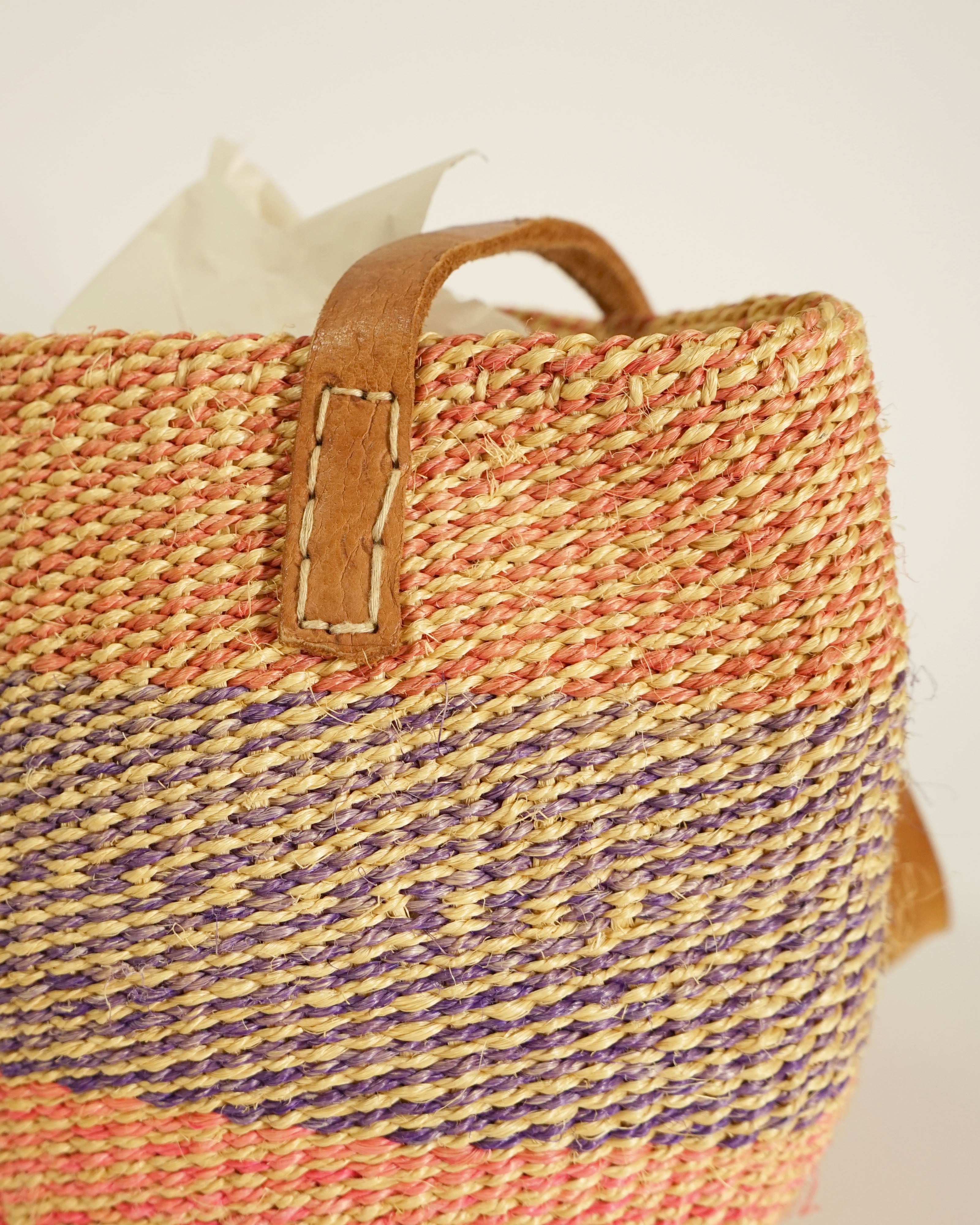 80s Handmade Pink & Purple Straw Bag w Leather Straps