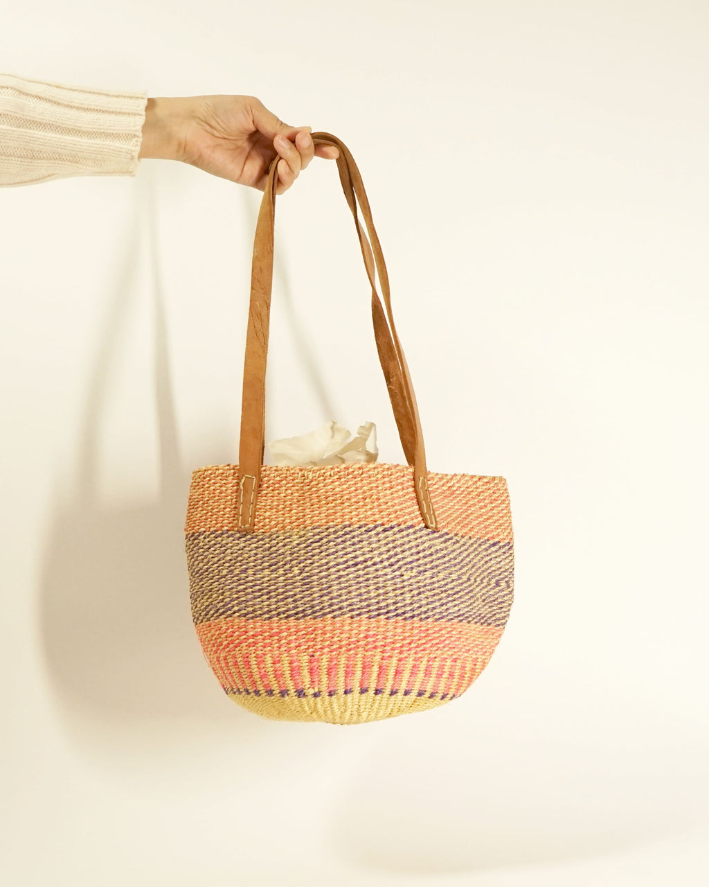 80s Handmade Pink & Purple Straw Bag w Leather Straps