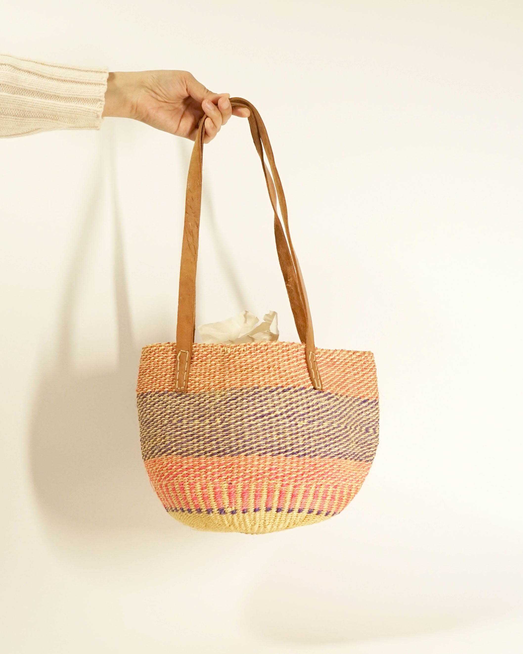 80s Handmade Pink & Purple Straw Bag w Leather Straps