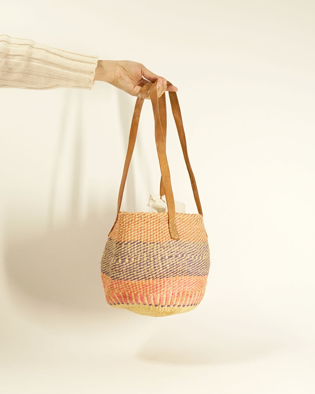 80s Handmade Pink & Purple Straw Bag w Leather Straps