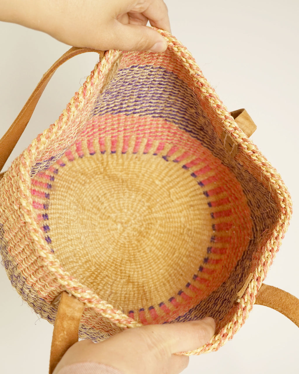 80s Handmade Pink & Purple Straw Bag w Leather Straps