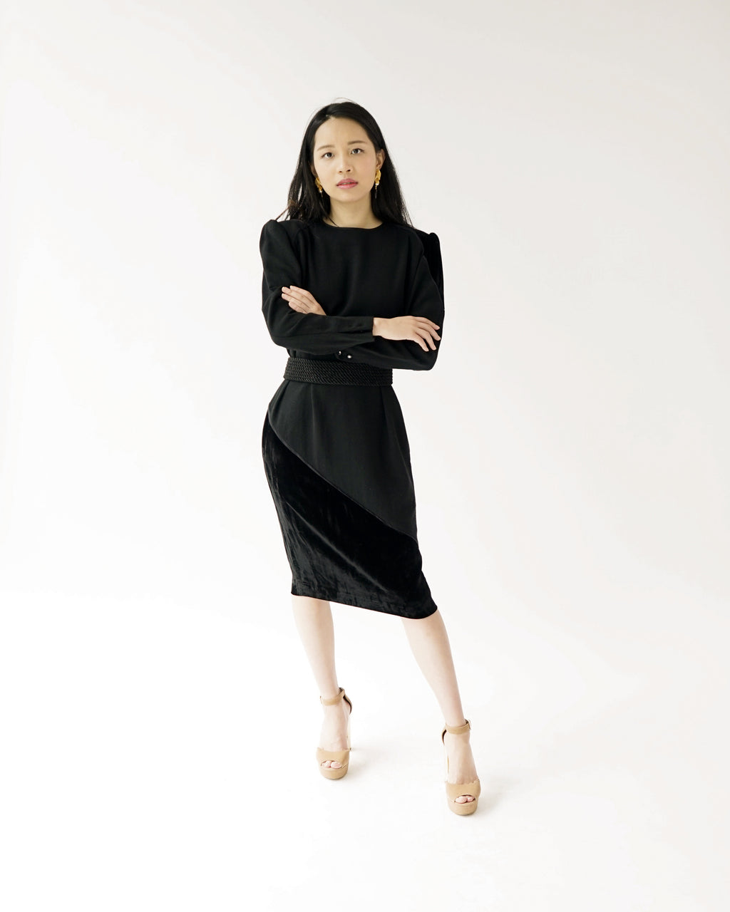 80s Valentino Miss V Black Velvet & Wool Wedge Cocktail Dress