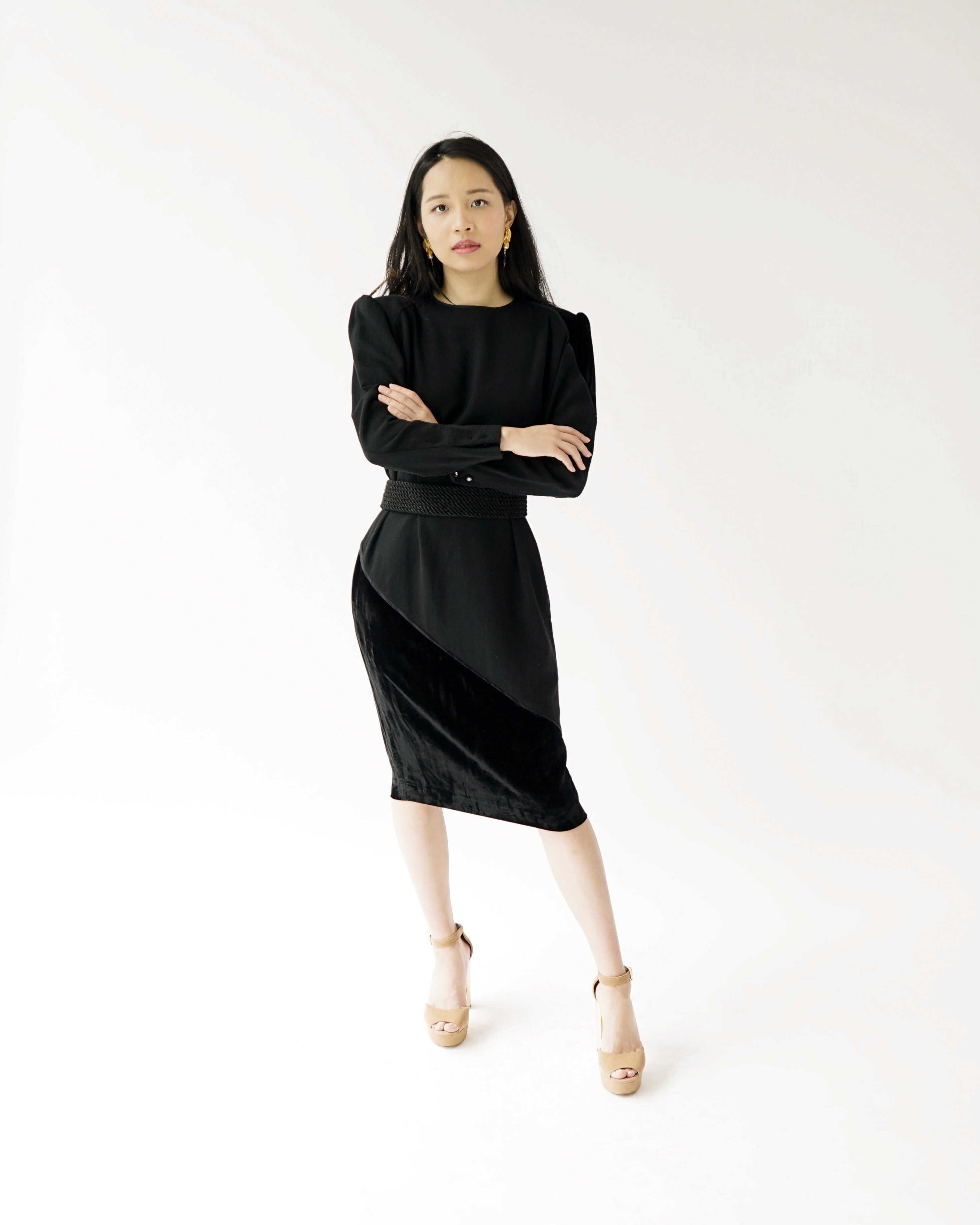 80s Valentino Miss V Black Velvet & Wool Wedge Cocktail Dress