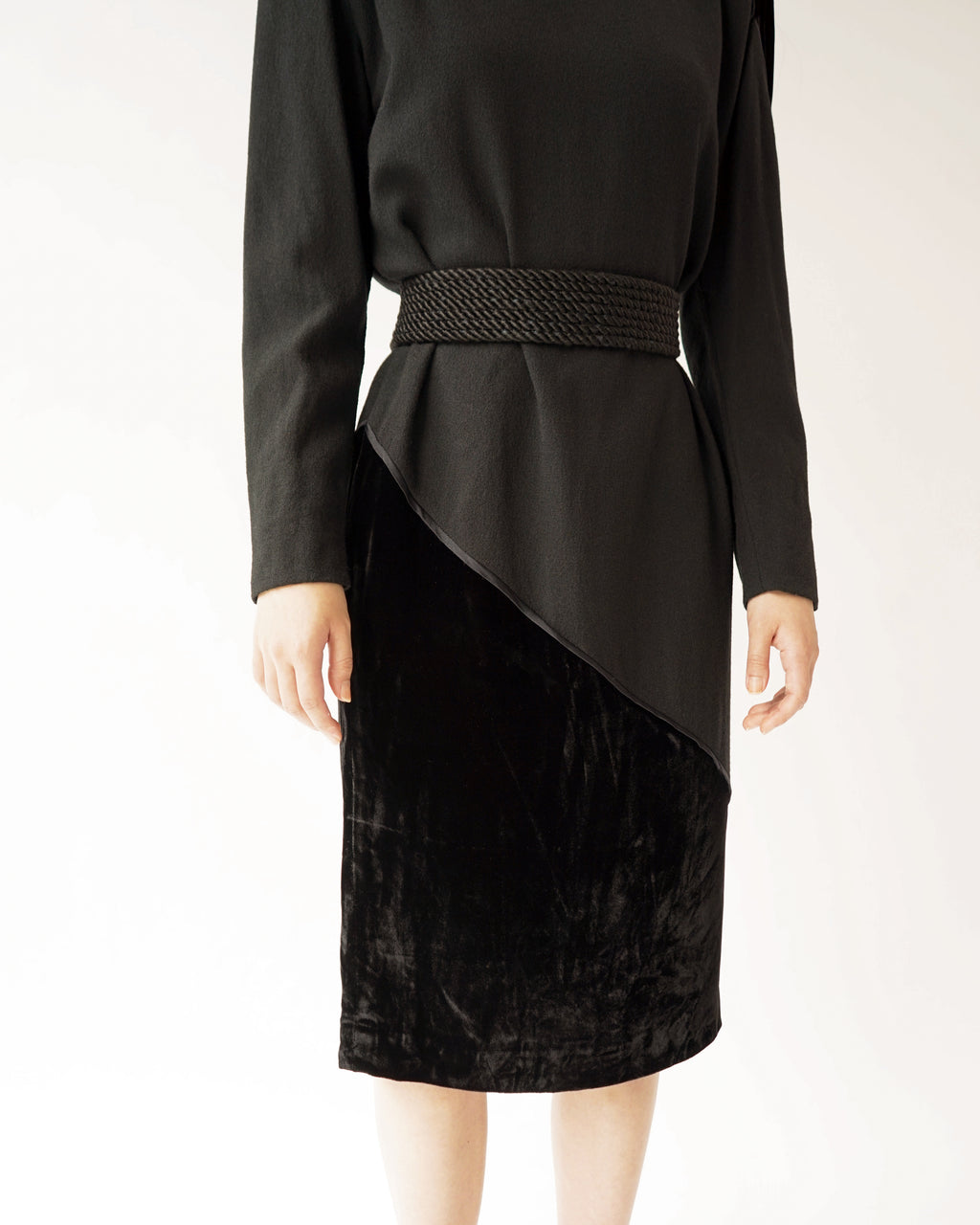 80s Valentino Miss V Black Velvet & Wool Wedge Cocktail Dress