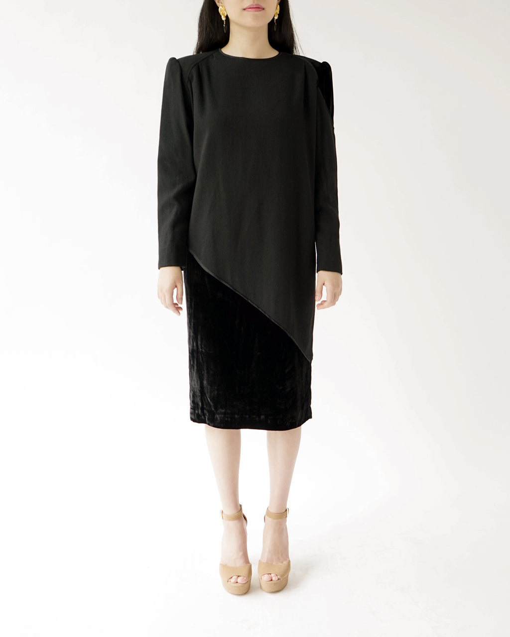 80s Valentino Miss V Black Velvet & Wool Wedge Cocktail Dress