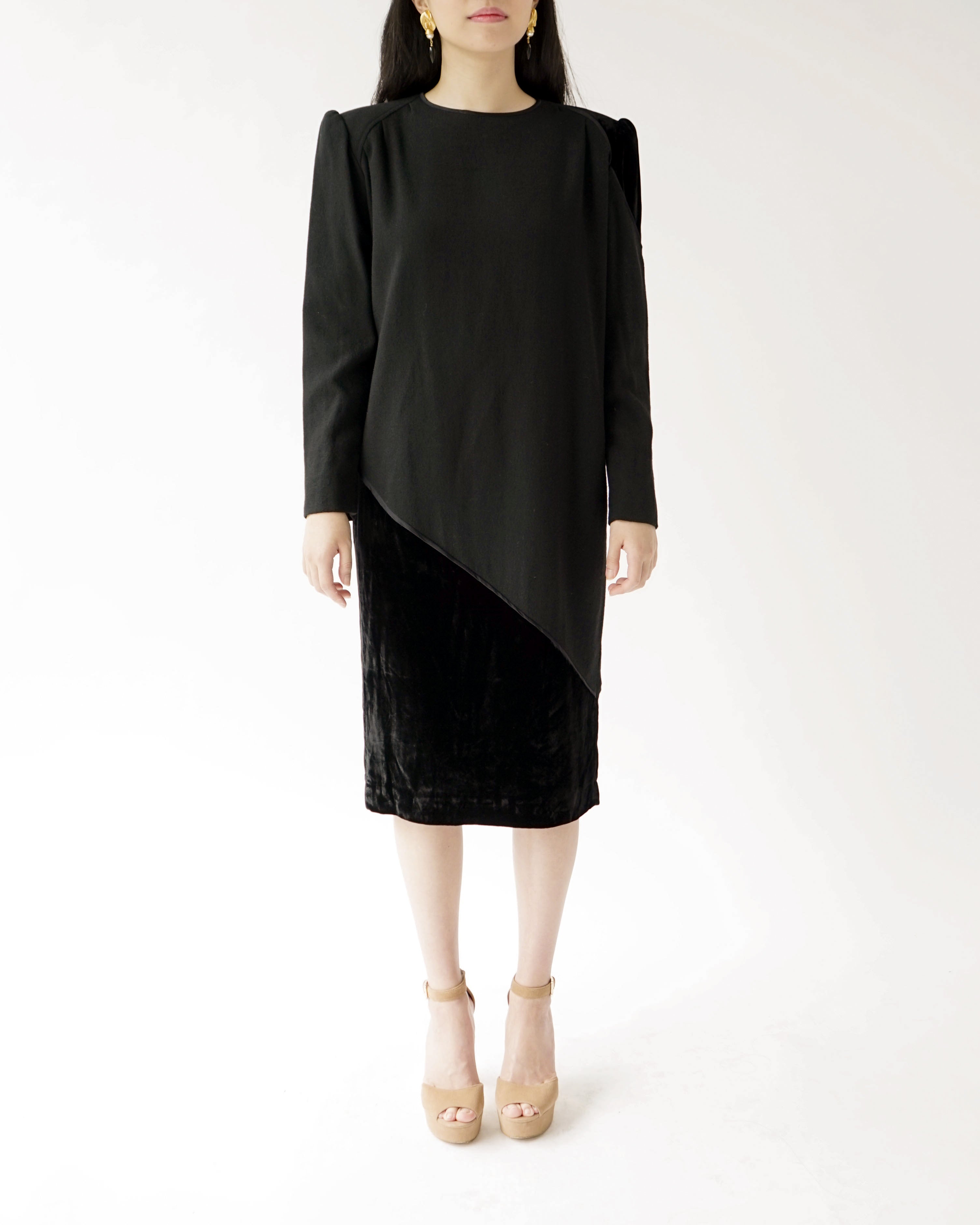 80s Valentino Miss V Black Velvet & Wool Wedge Cocktail Dress