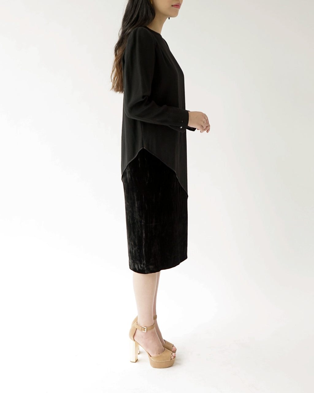 80s Valentino Miss V Black Velvet & Wool Wedge Cocktail Dress