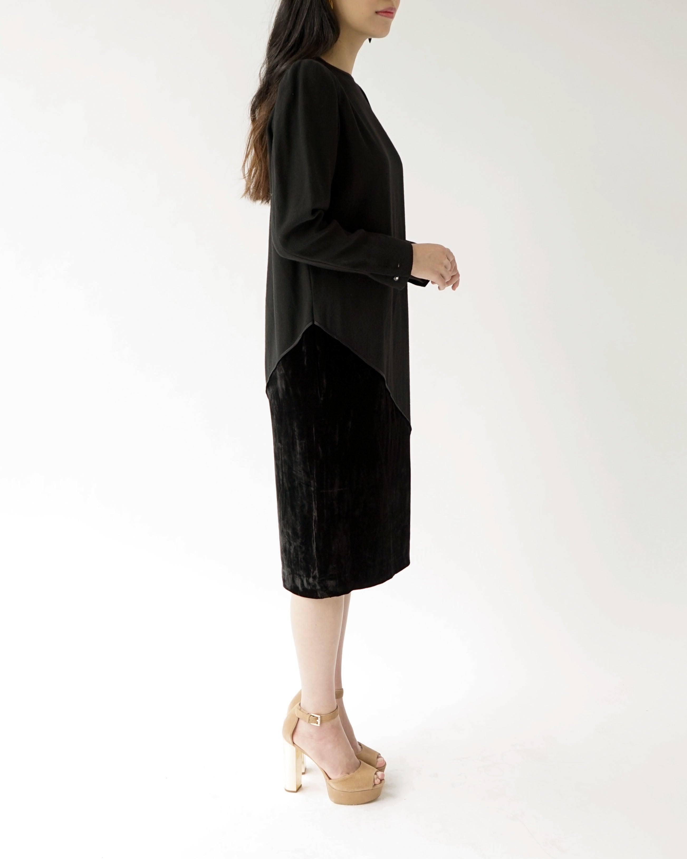 80s Valentino Miss V Black Velvet & Wool Wedge Cocktail Dress