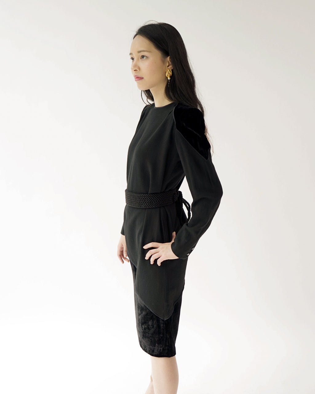 80s Valentino Miss V Black Velvet & Wool Wedge Cocktail Dress