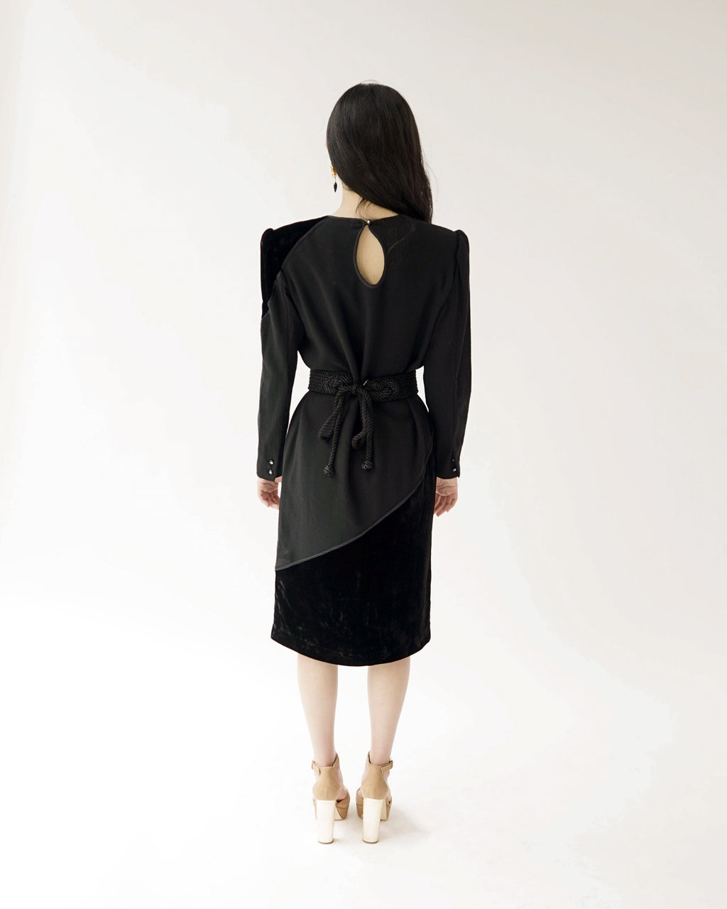 80s Valentino Miss V Black Velvet & Wool Wedge Cocktail Dress