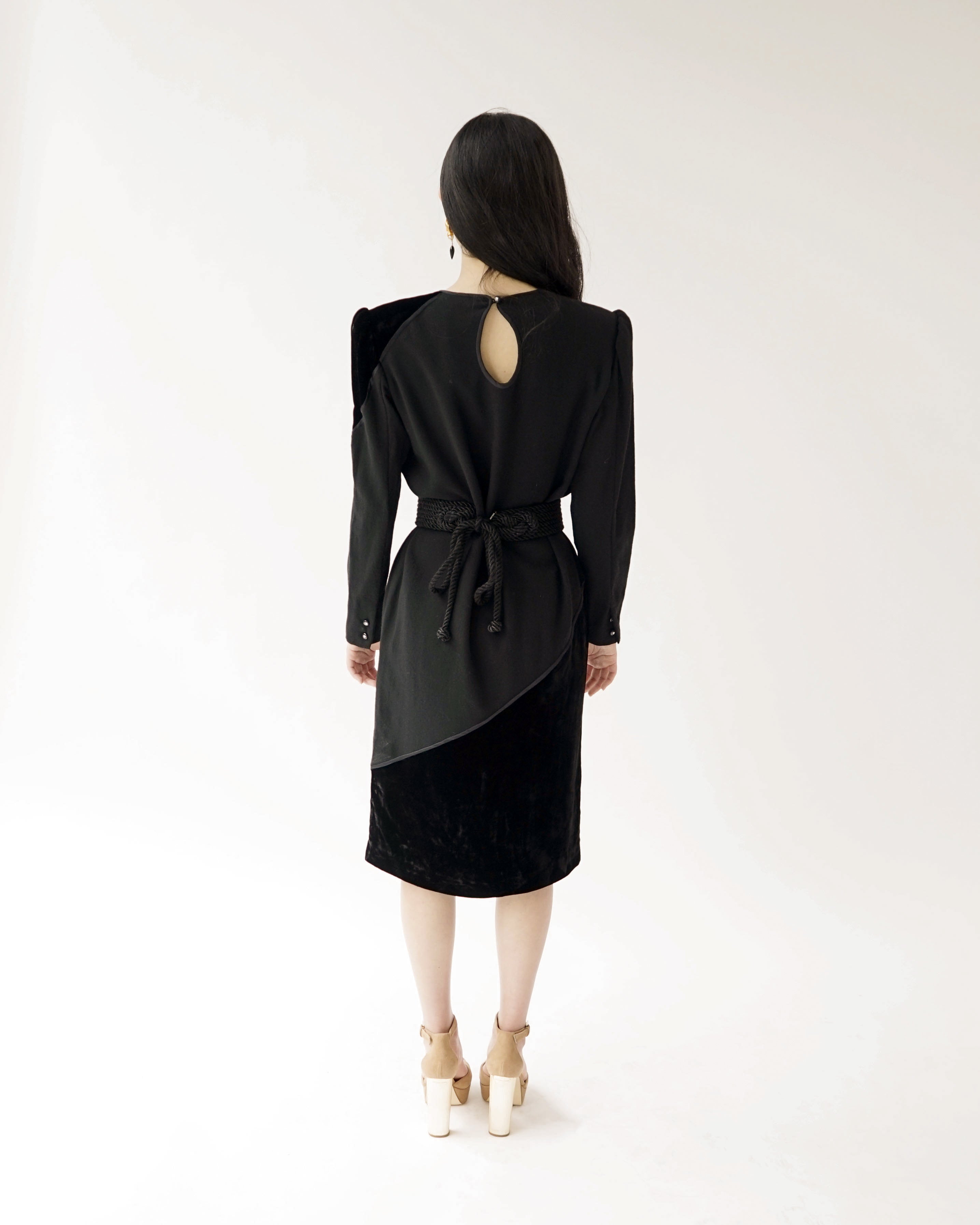 80s Valentino Miss V Black Velvet & Wool Wedge Cocktail Dress