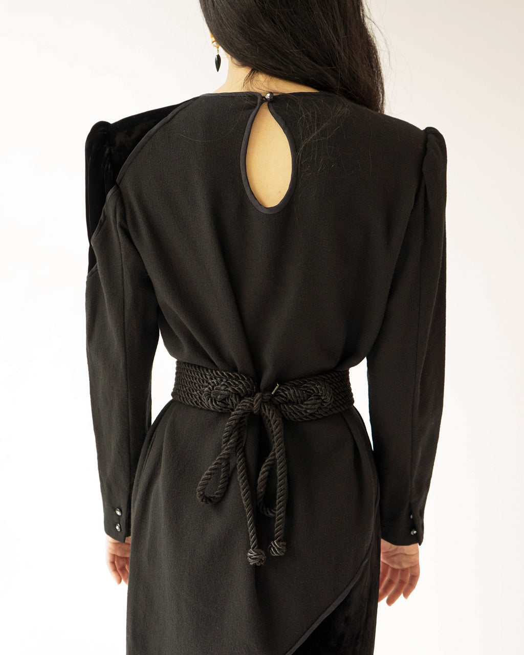 80s Valentino Miss V Black Velvet & Wool Wedge Cocktail Dress