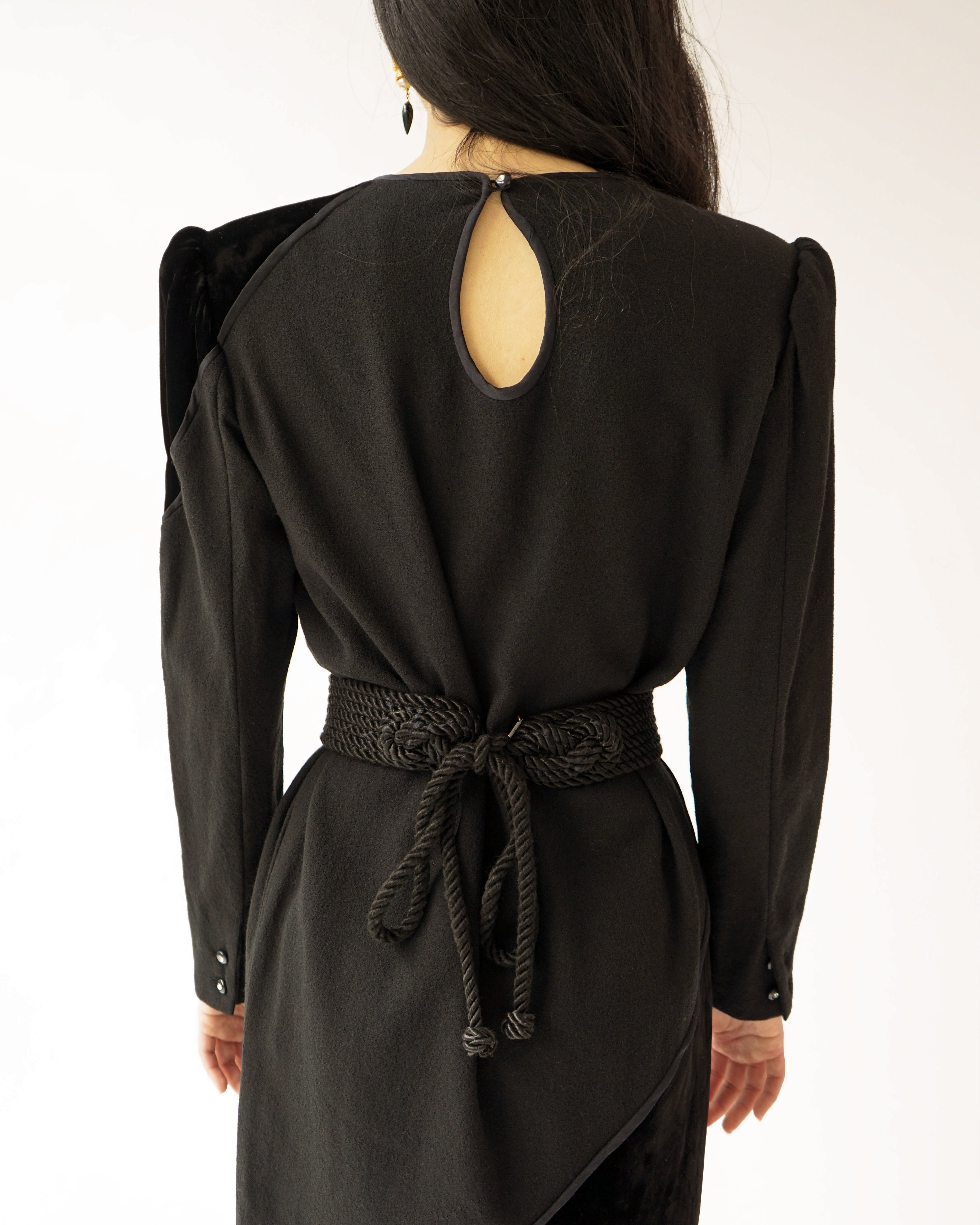 80s Valentino Miss V Black Velvet & Wool Wedge Cocktail Dress