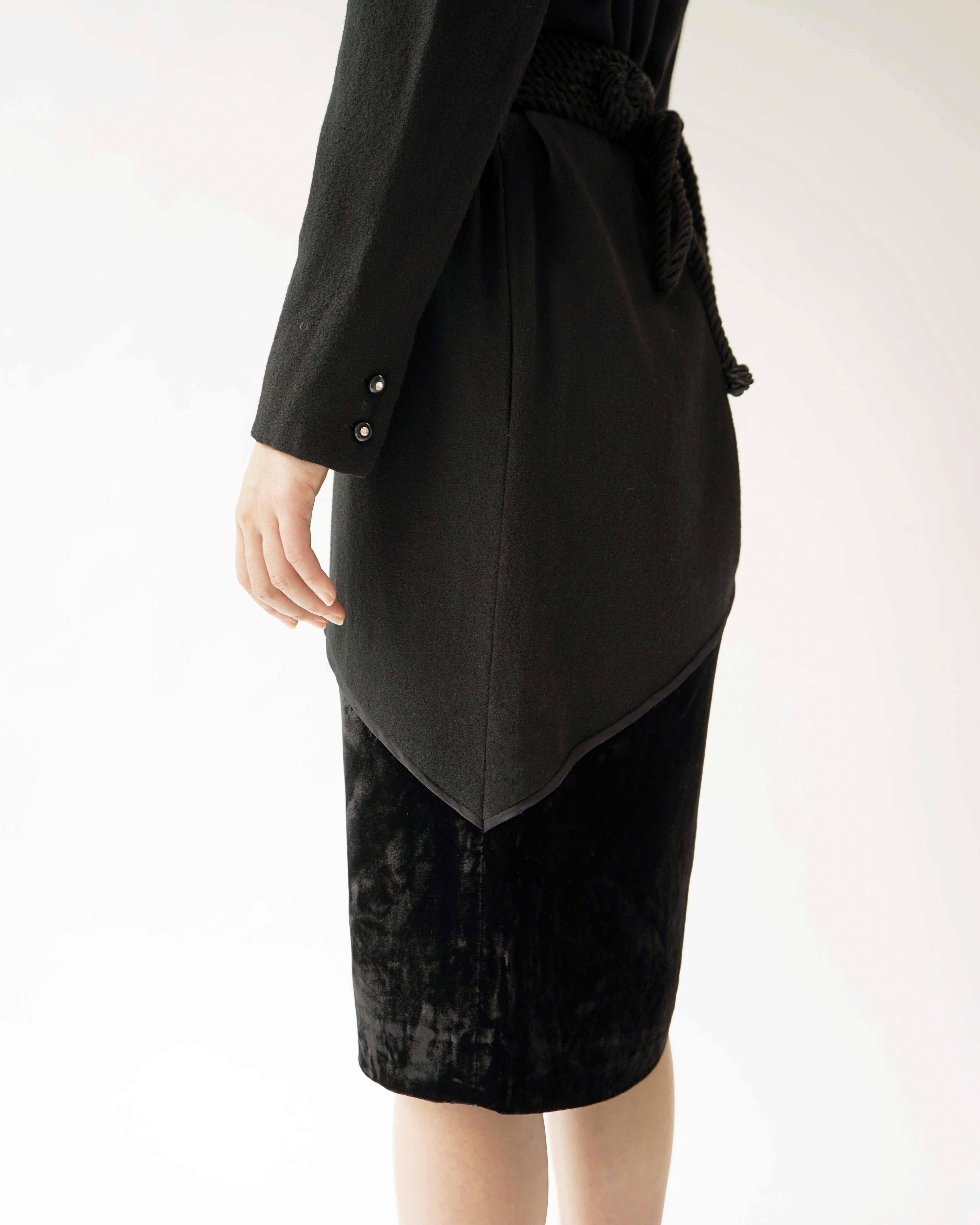 80s Valentino Miss V Black Velvet & Wool Wedge Cocktail Dress