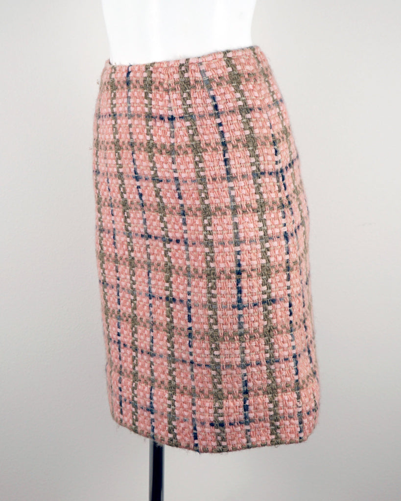 1970s Hadley Wool Boucle Pink Beige Navy Checkered Skirt