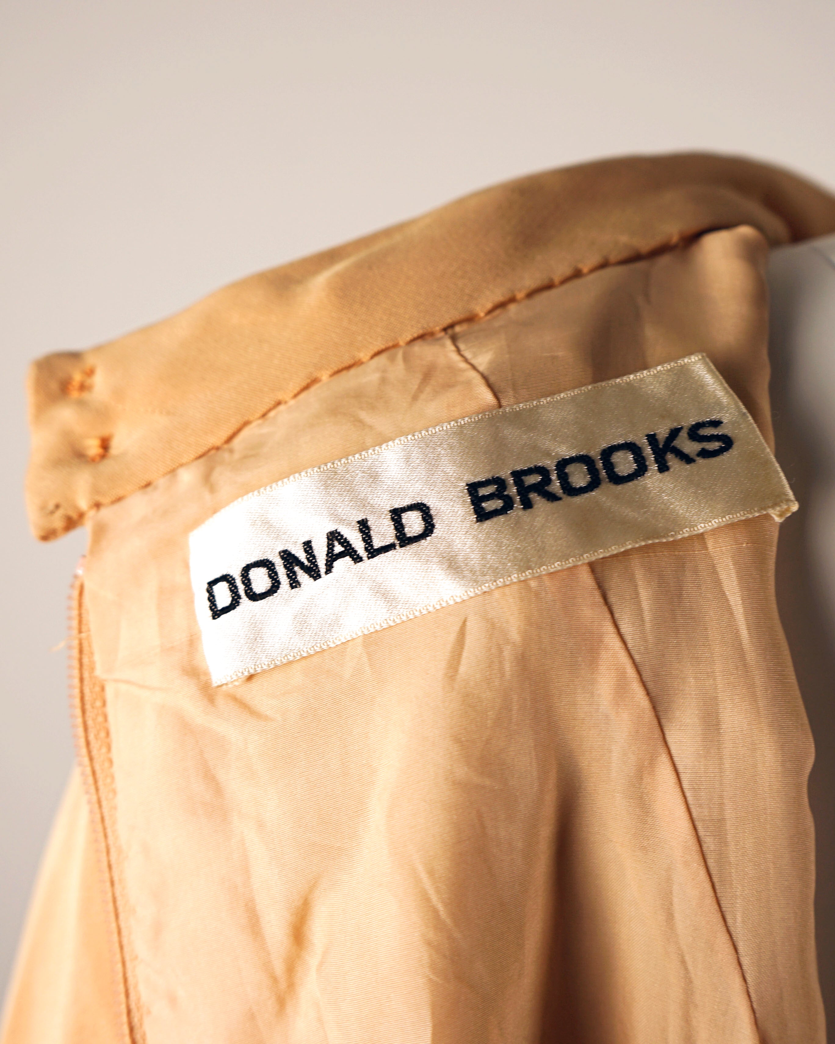 60s Donald Brooks Silk Peach Sunshine Rays Dress w Gold Heart Buttons