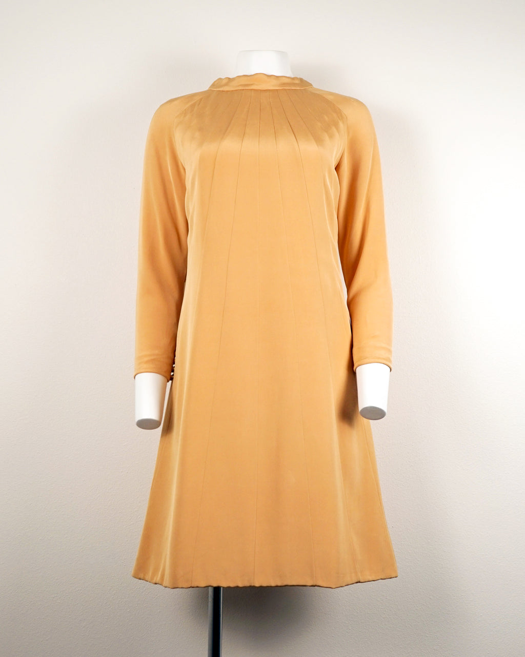 60s Donald Brooks Silk Peach Sunshine Rays Dress w Gold Heart Buttons