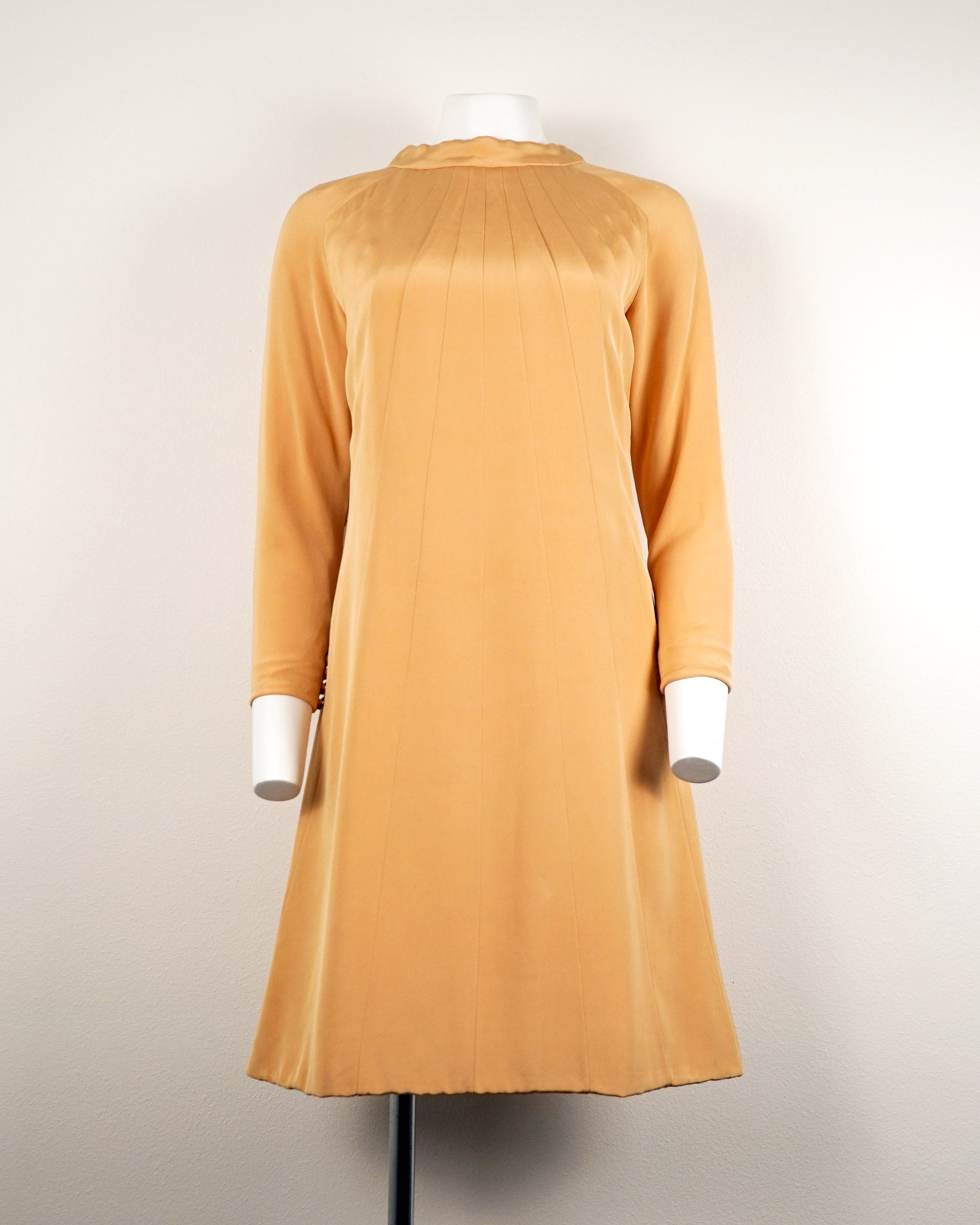 60s Donald Brooks Silk Peach Sunshine Rays Dress w Gold Heart Buttons