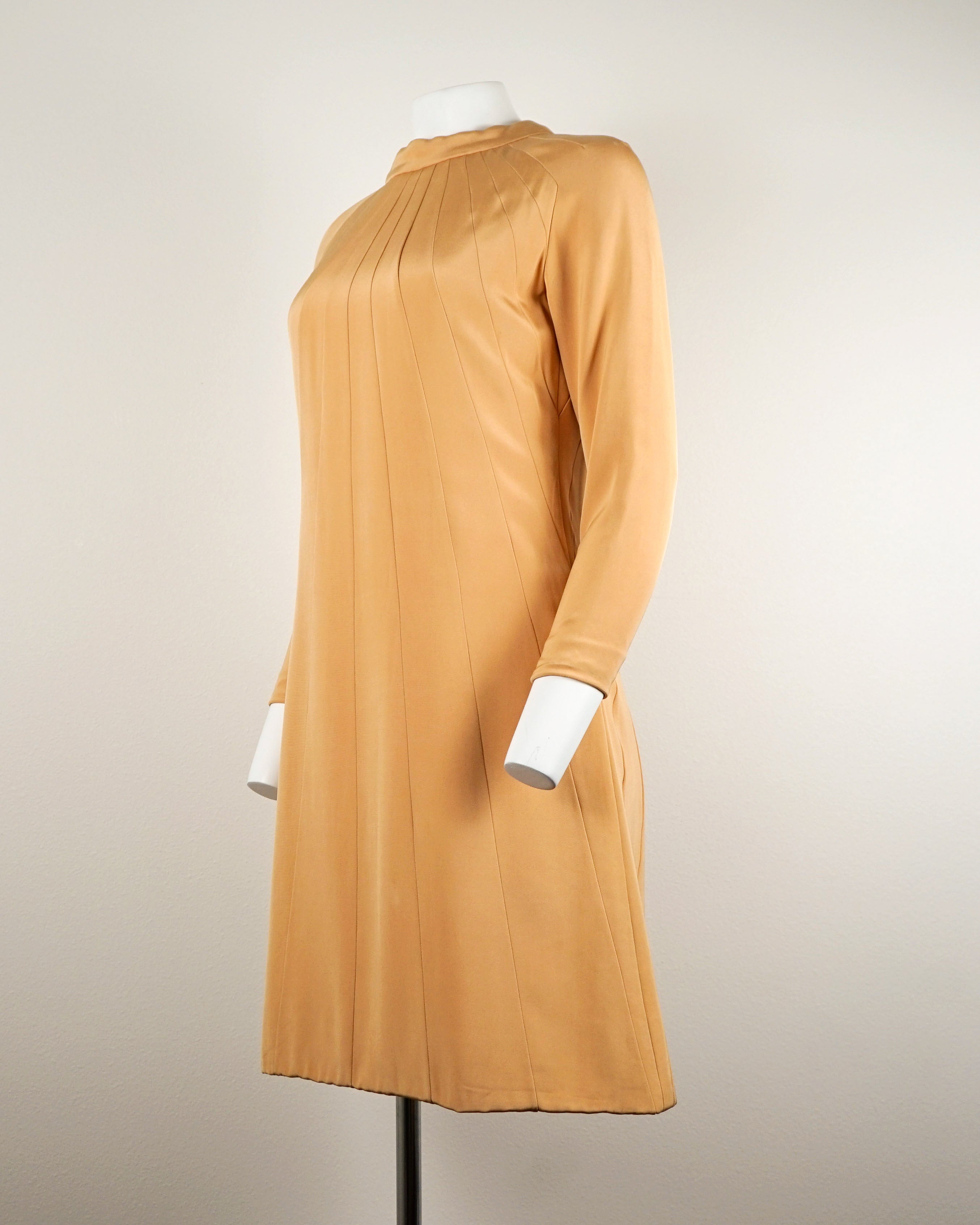 60s Donald Brooks Silk Peach Sunshine Rays Dress w Gold Heart Buttons