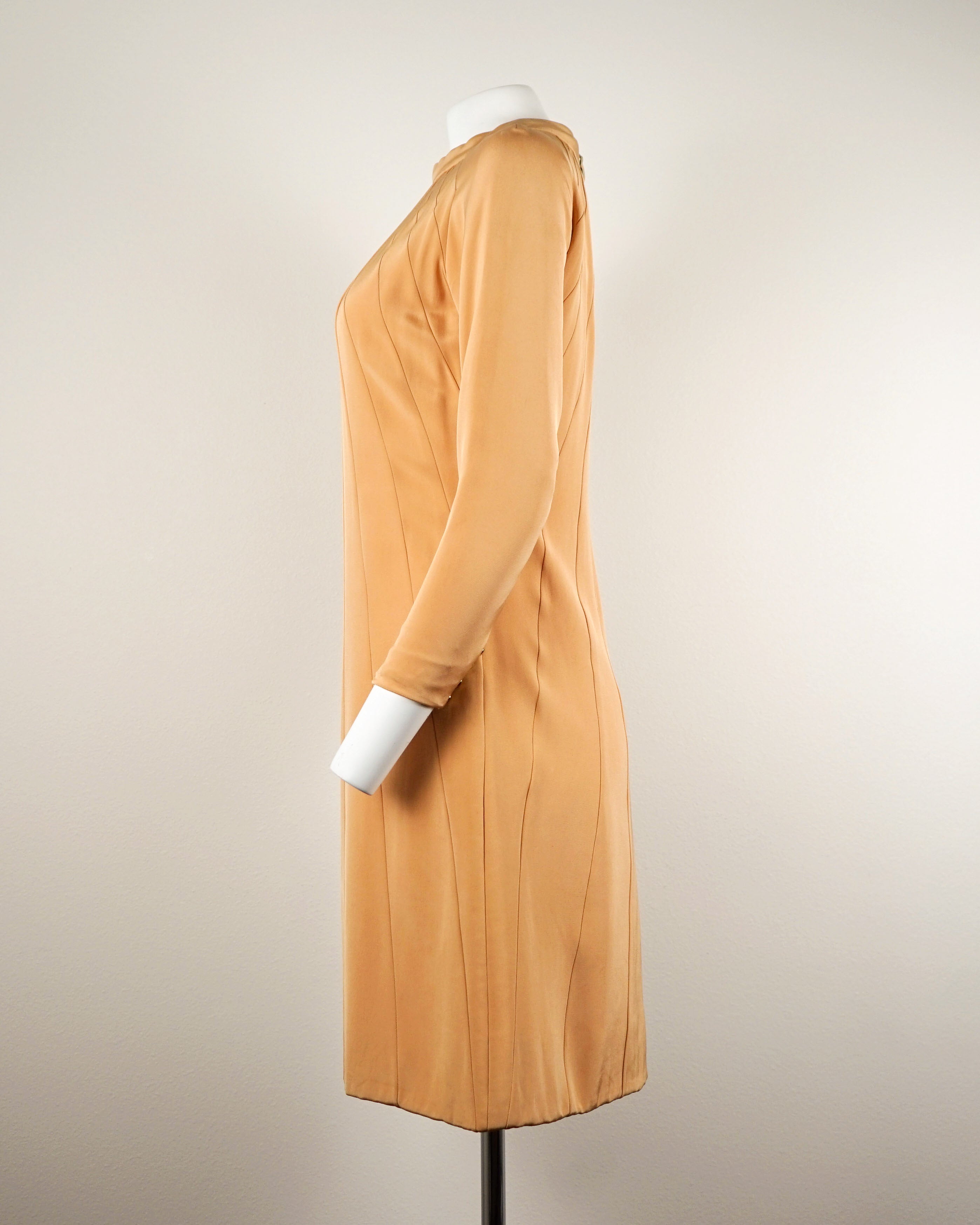 60s Donald Brooks Silk Peach Sunshine Rays Dress w Gold Heart Buttons