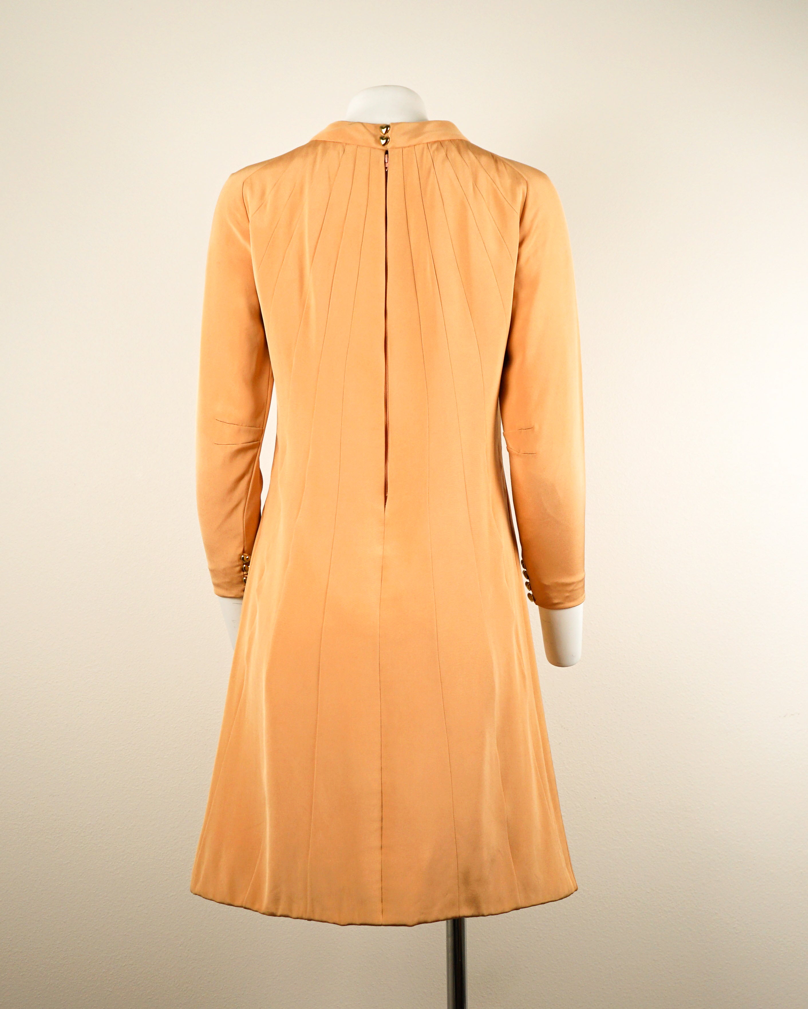 60s Donald Brooks Silk Peach Sunshine Rays Dress w Gold Heart Buttons
