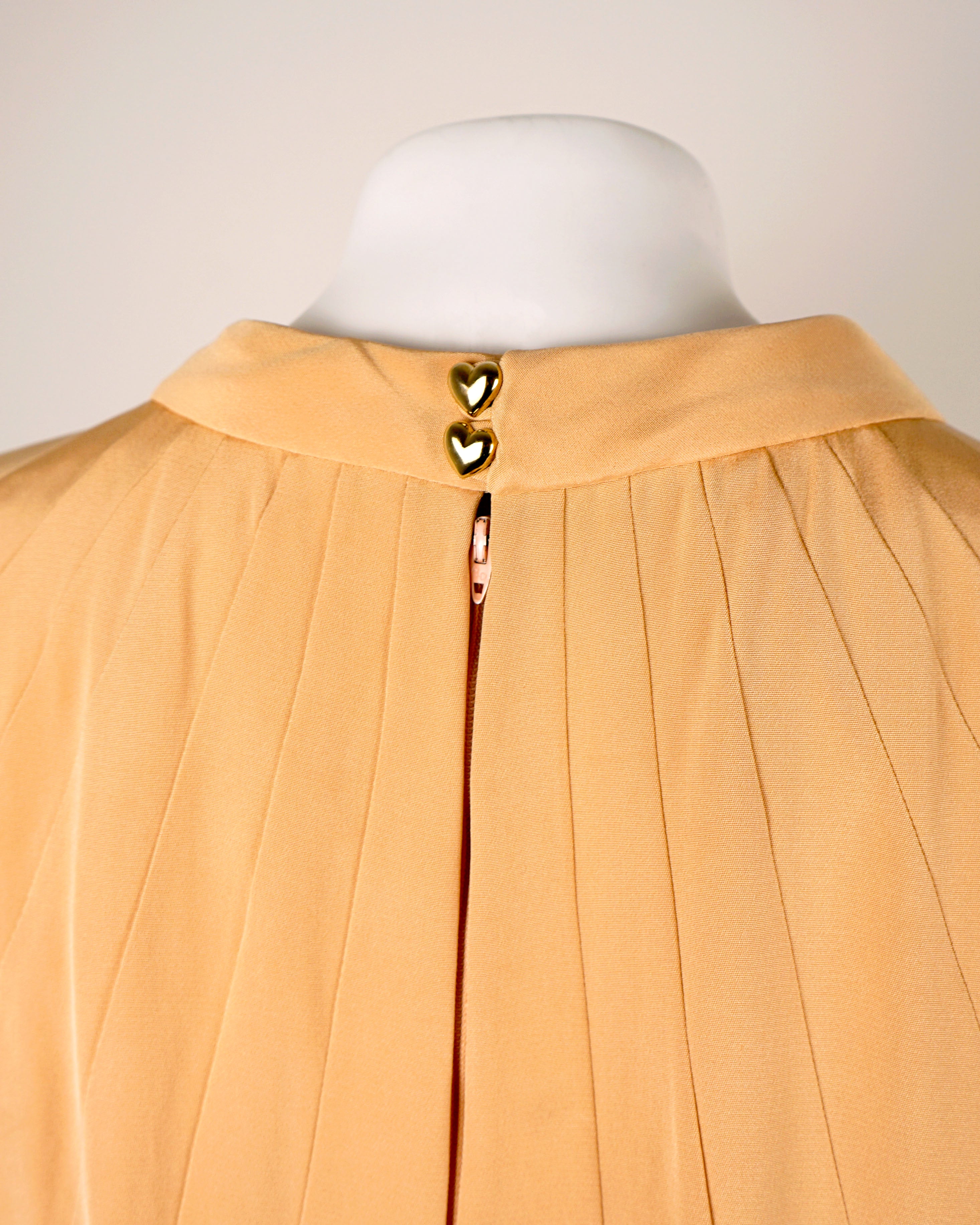 60s Donald Brooks Silk Peach Sunshine Rays Dress w Gold Heart Buttons