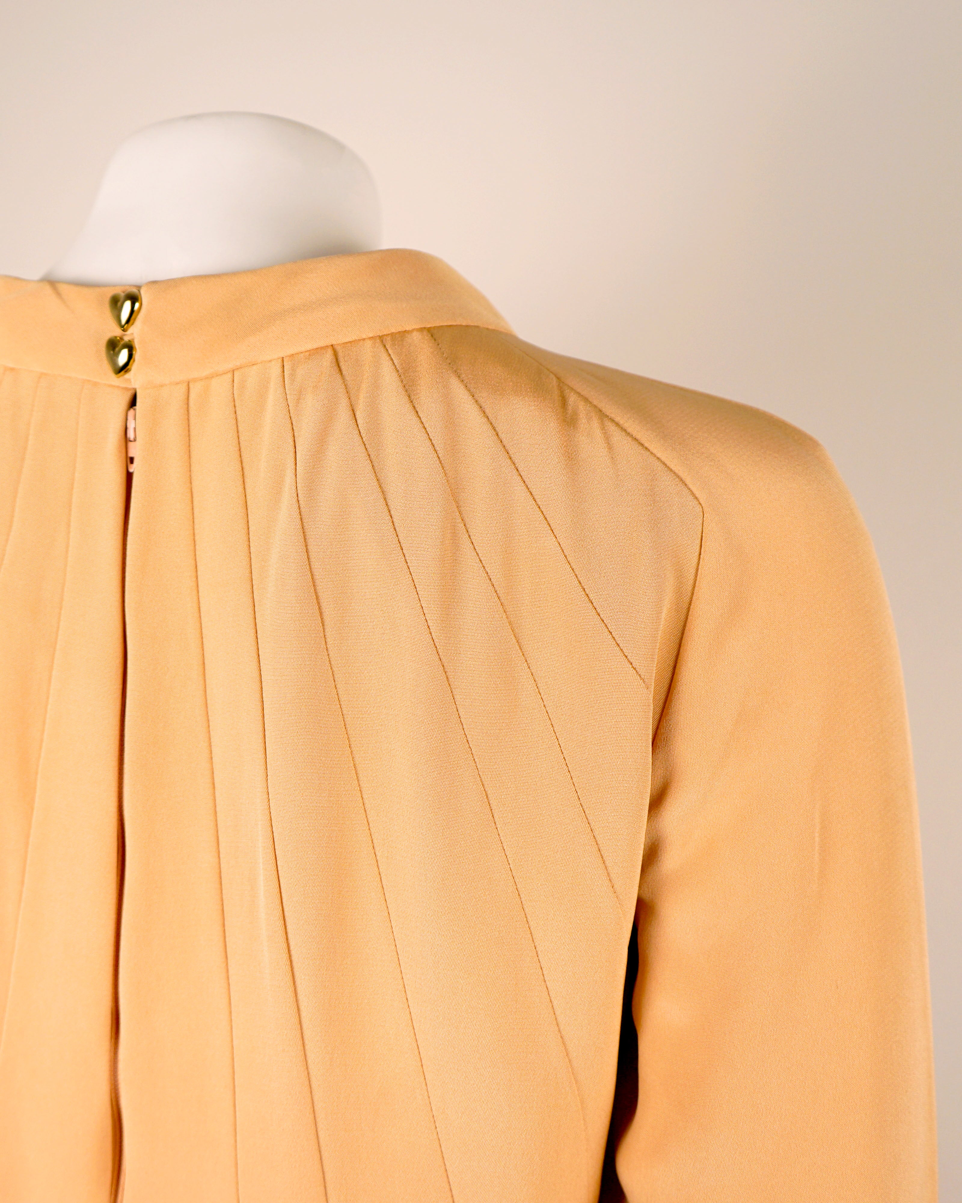 60s Donald Brooks Silk Peach Sunshine Rays Dress w Gold Heart Buttons