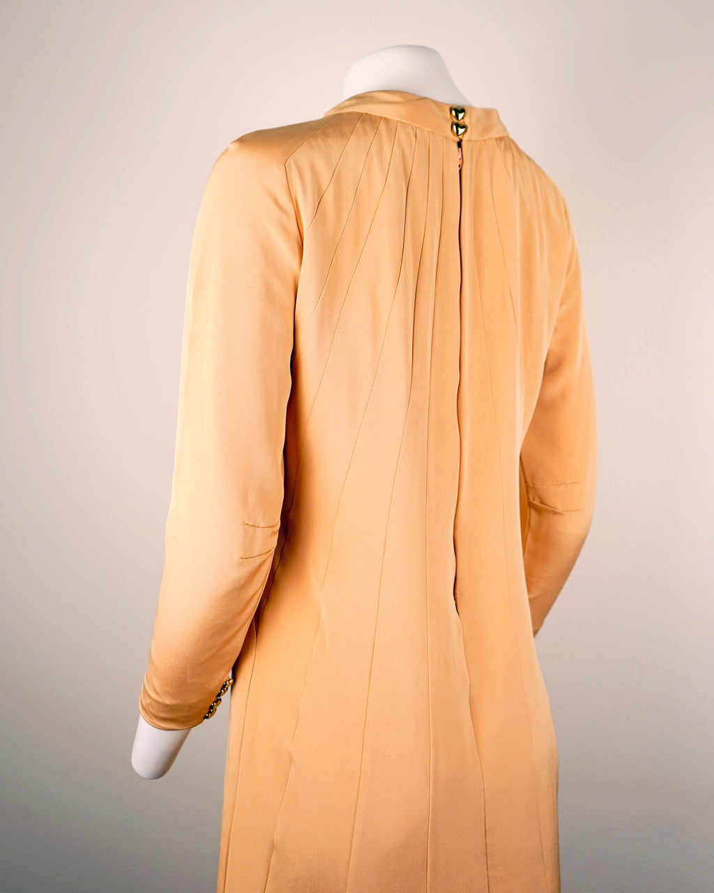60s Donald Brooks Silk Peach Sunshine Rays Dress w Gold Heart Buttons