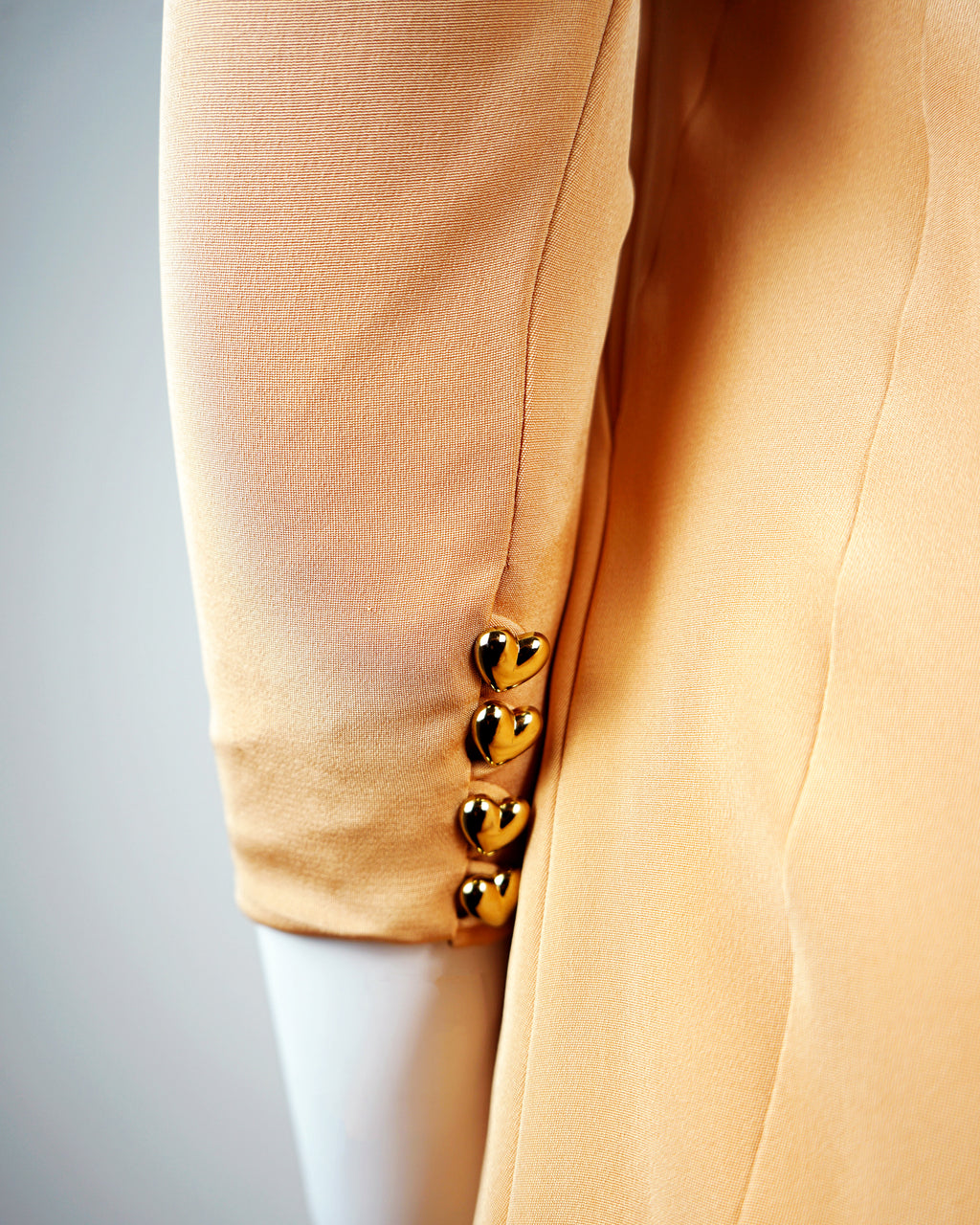 60s Donald Brooks Silk Peach Sunshine Rays Dress w Gold Heart Buttons