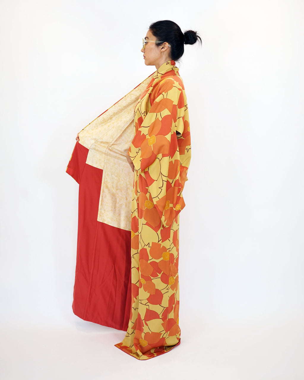 1970s Susohiki Kimono in Sunbaked Orange Marigold Leaves