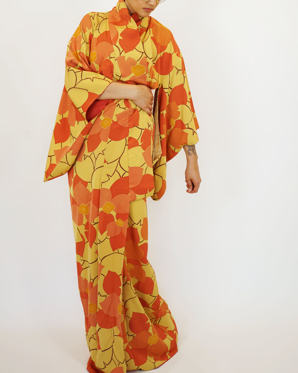 1970s Susohiki Kimono in Sunbaked Orange Marigold Leaves