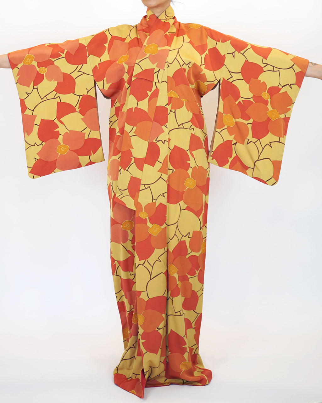 1970s Susohiki Kimono in Sunbaked Orange Marigold Leaves