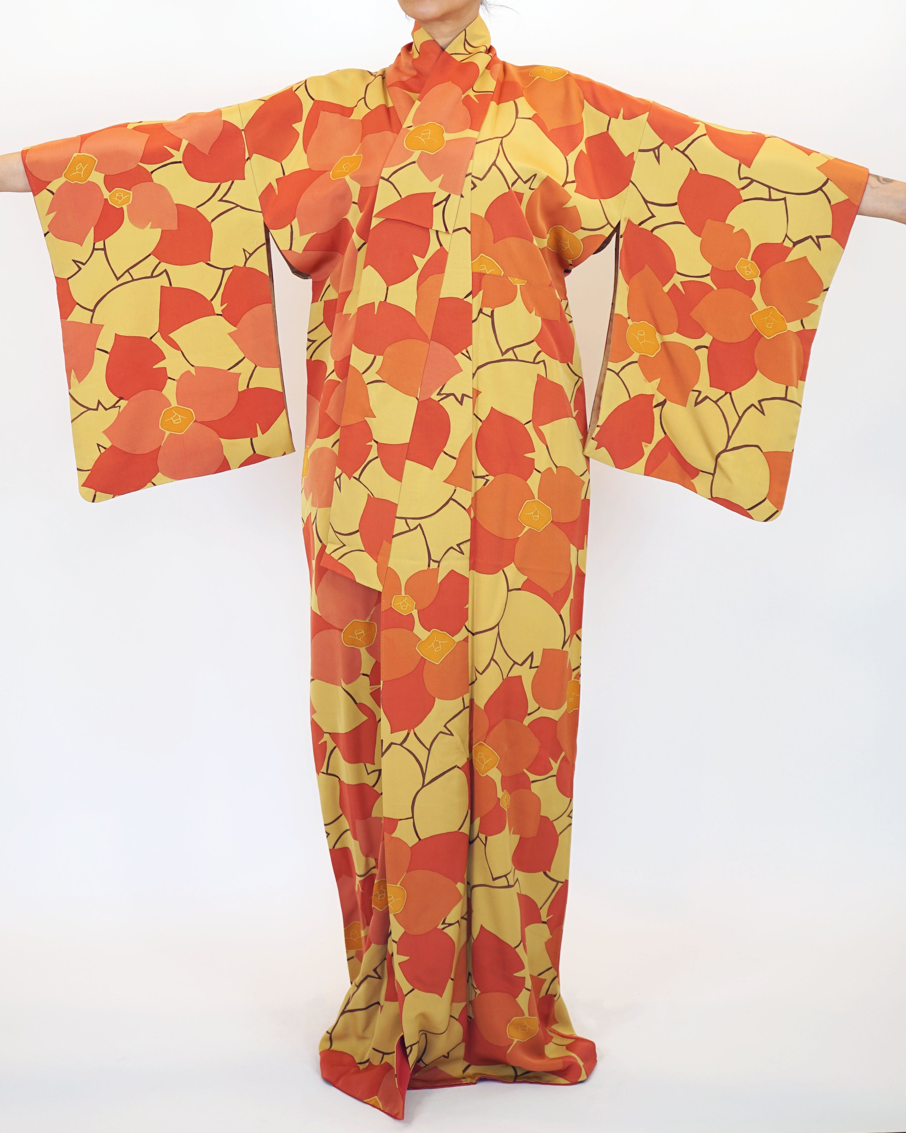1970s Susohiki Kimono in Sunbaked Orange Marigold Leaves