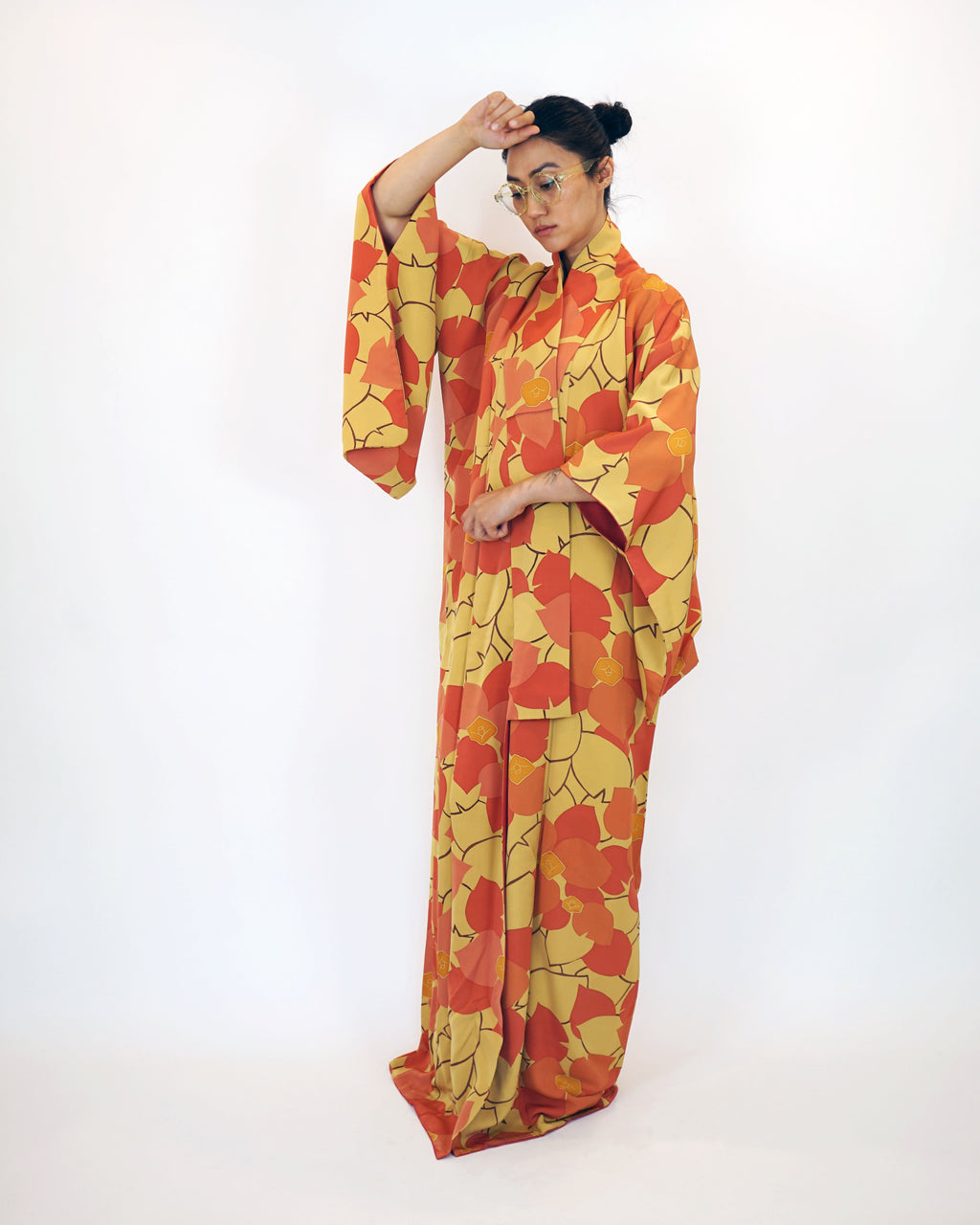 1970s Susohiki Kimono in Sunbaked Orange Marigold Leaves