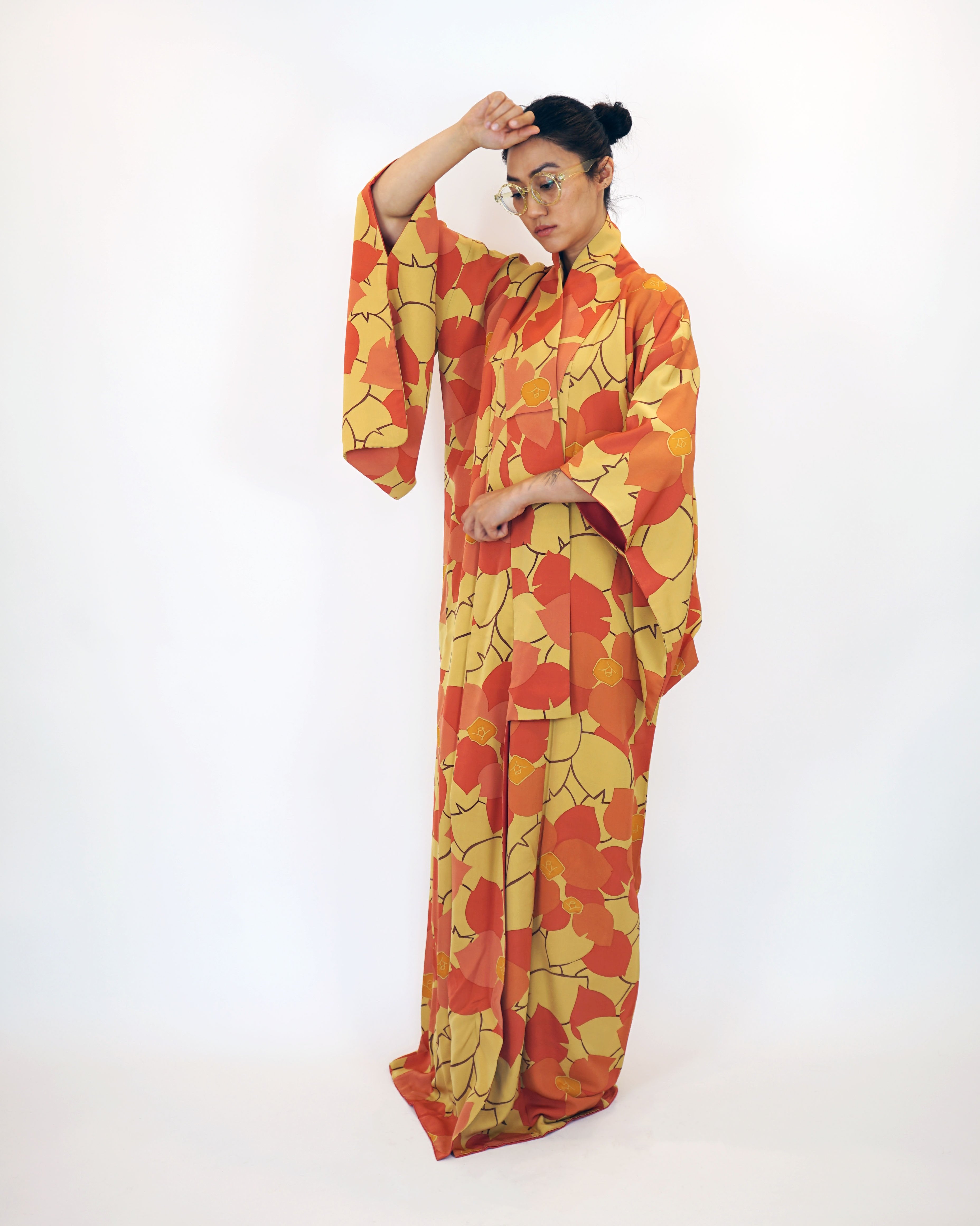 1970s Susohiki Kimono in Sunbaked Orange Marigold Leaves
