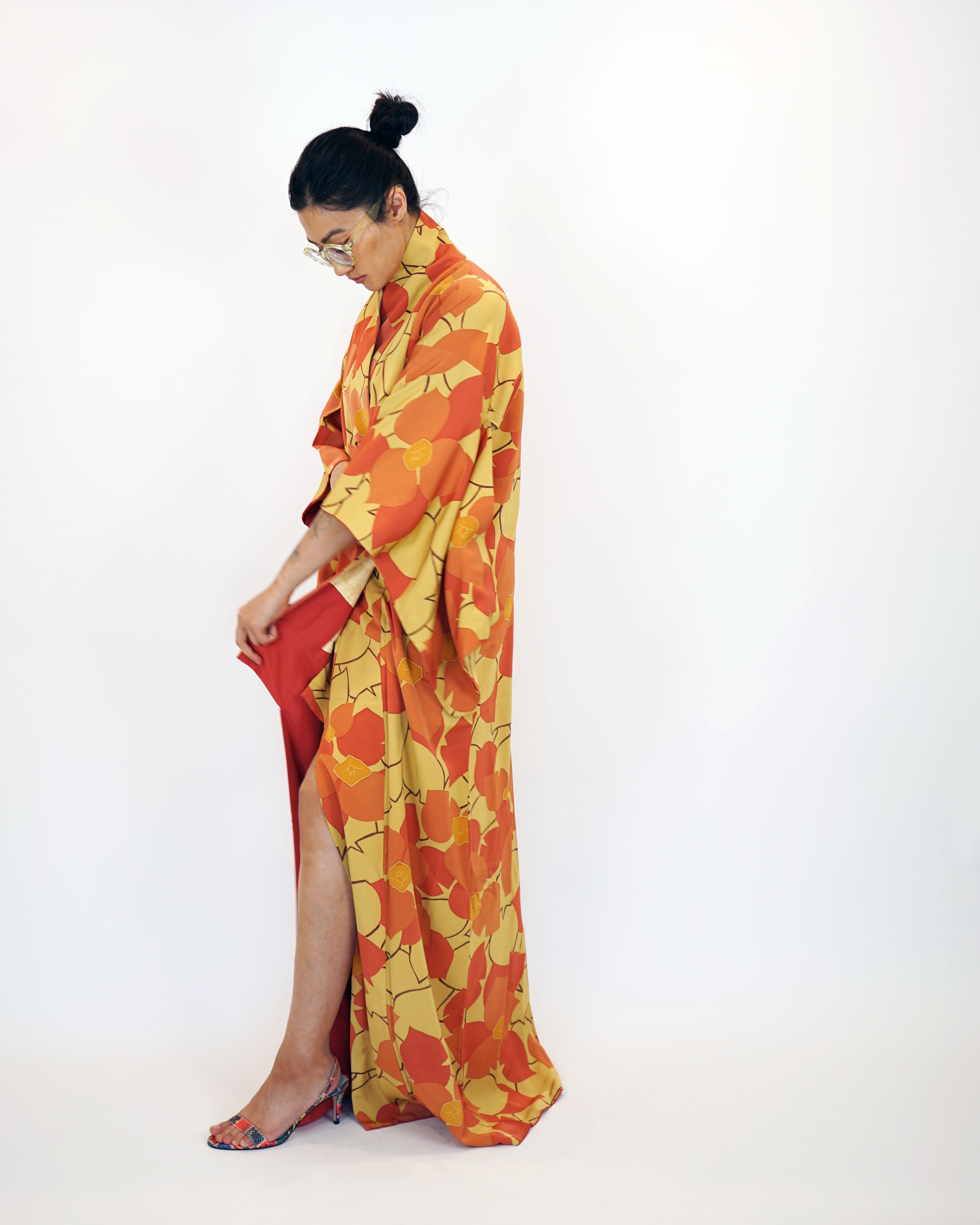 1970s Susohiki Kimono in Sunbaked Orange Marigold Leaves
