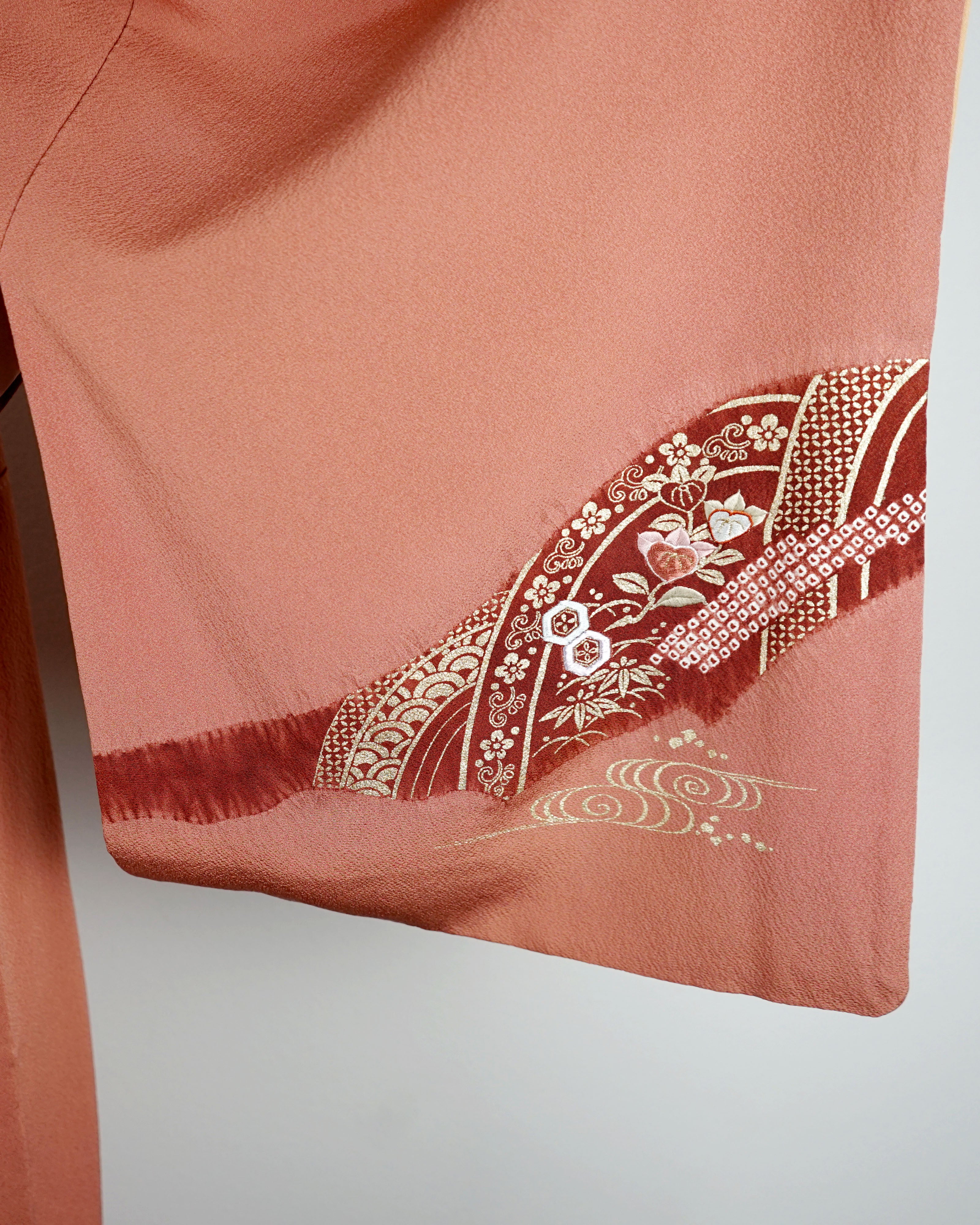 60s Tsukesage Mauve Maroon Gold Kimono w Embroidered Flowers