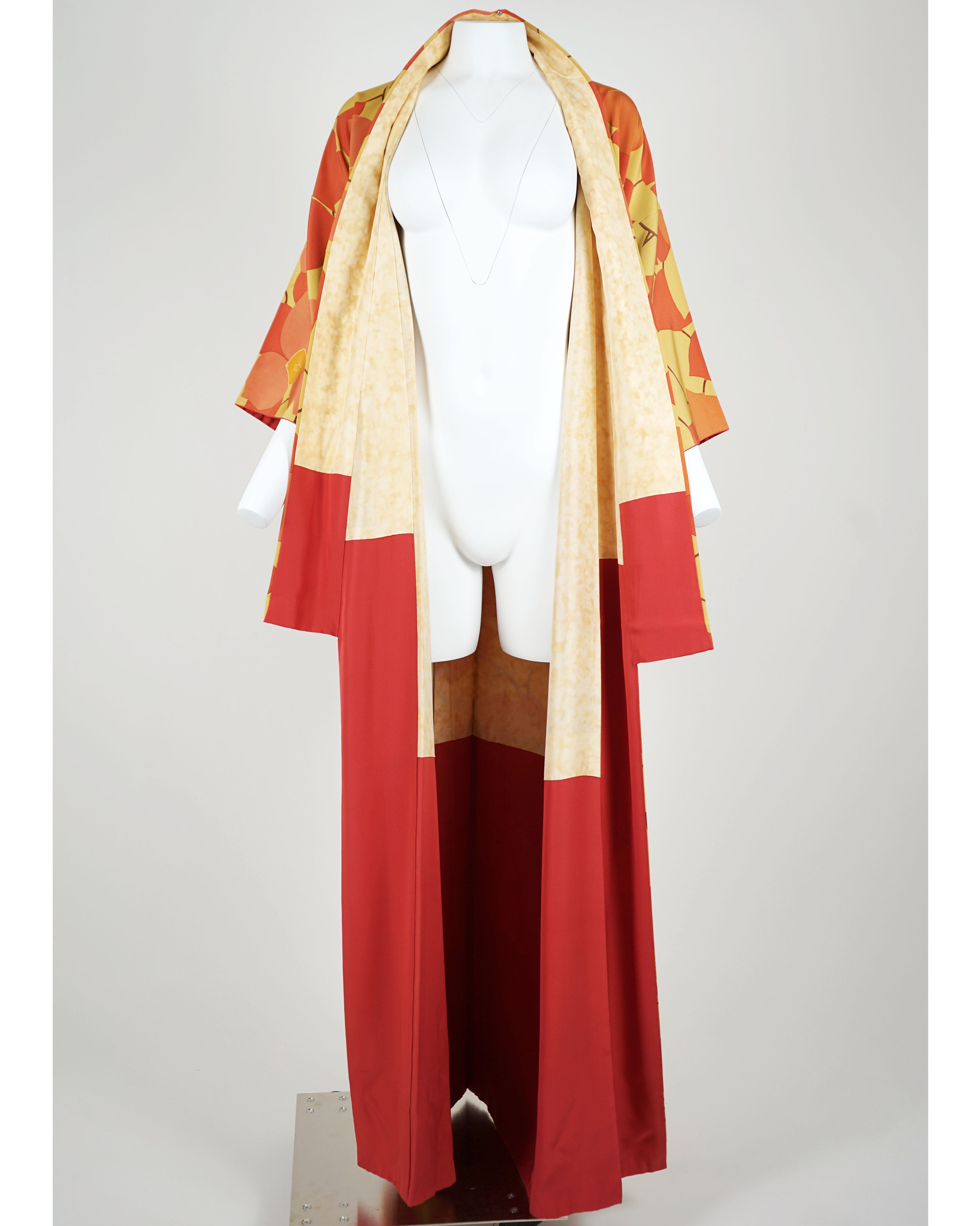 1970s Susohiki Kimono in Sunbaked Orange Marigold Leaves