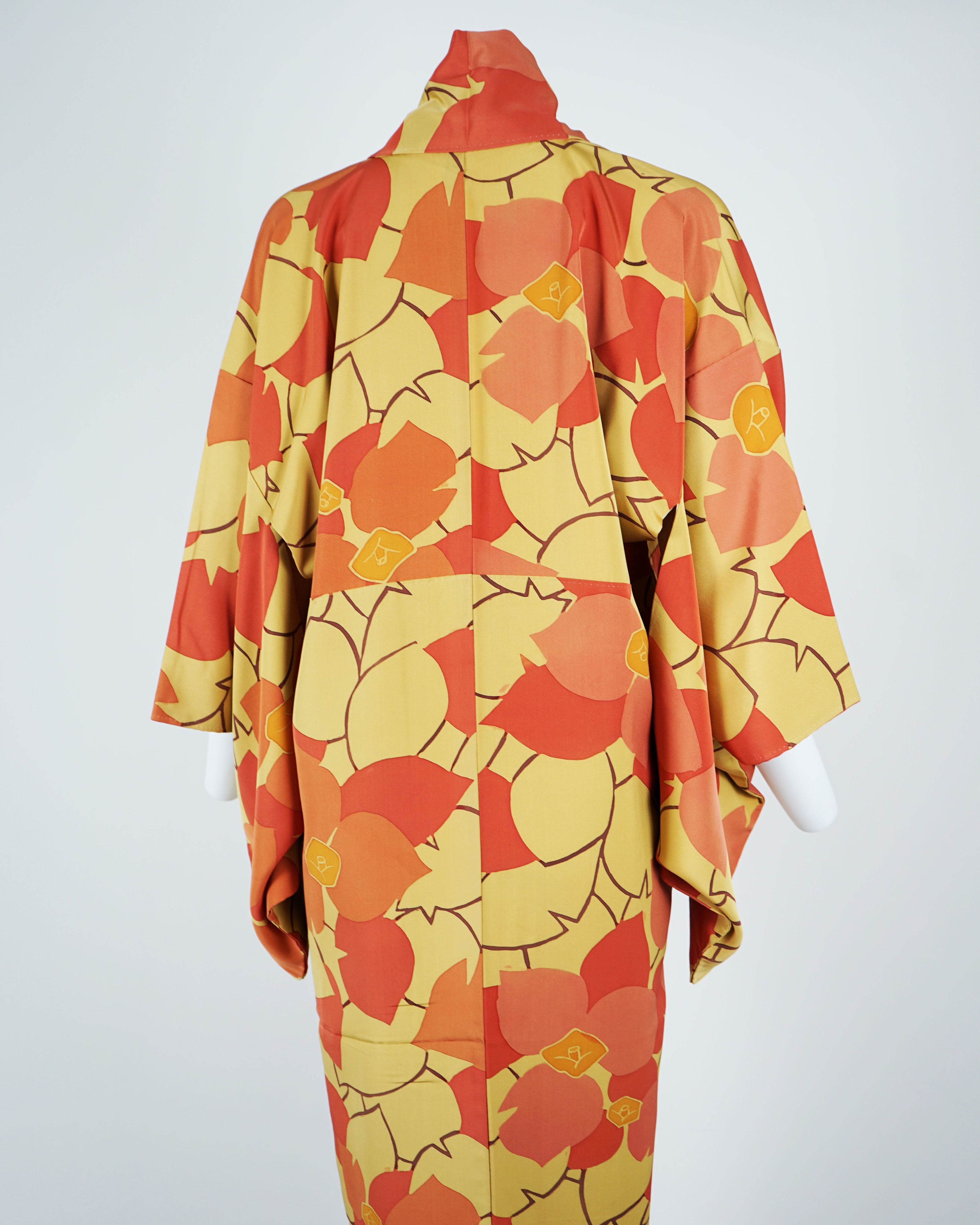 1970s Susohiki Kimono in Sunbaked Orange Marigold Leaves