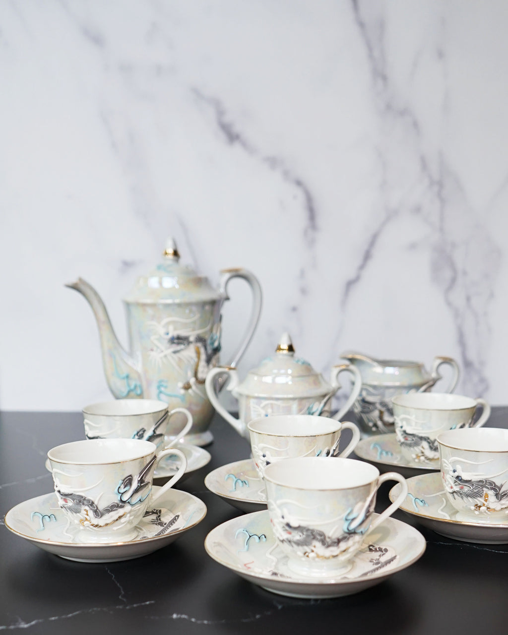 1950s Moriage Dragonware Demitasse Lithophane Tea Set