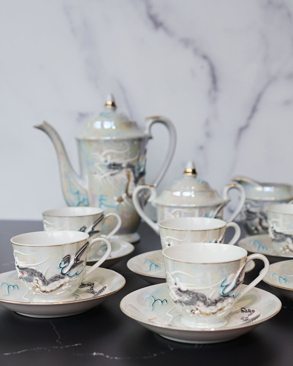 1950s Moriage Dragonware Demitasse Lithophane Tea Set