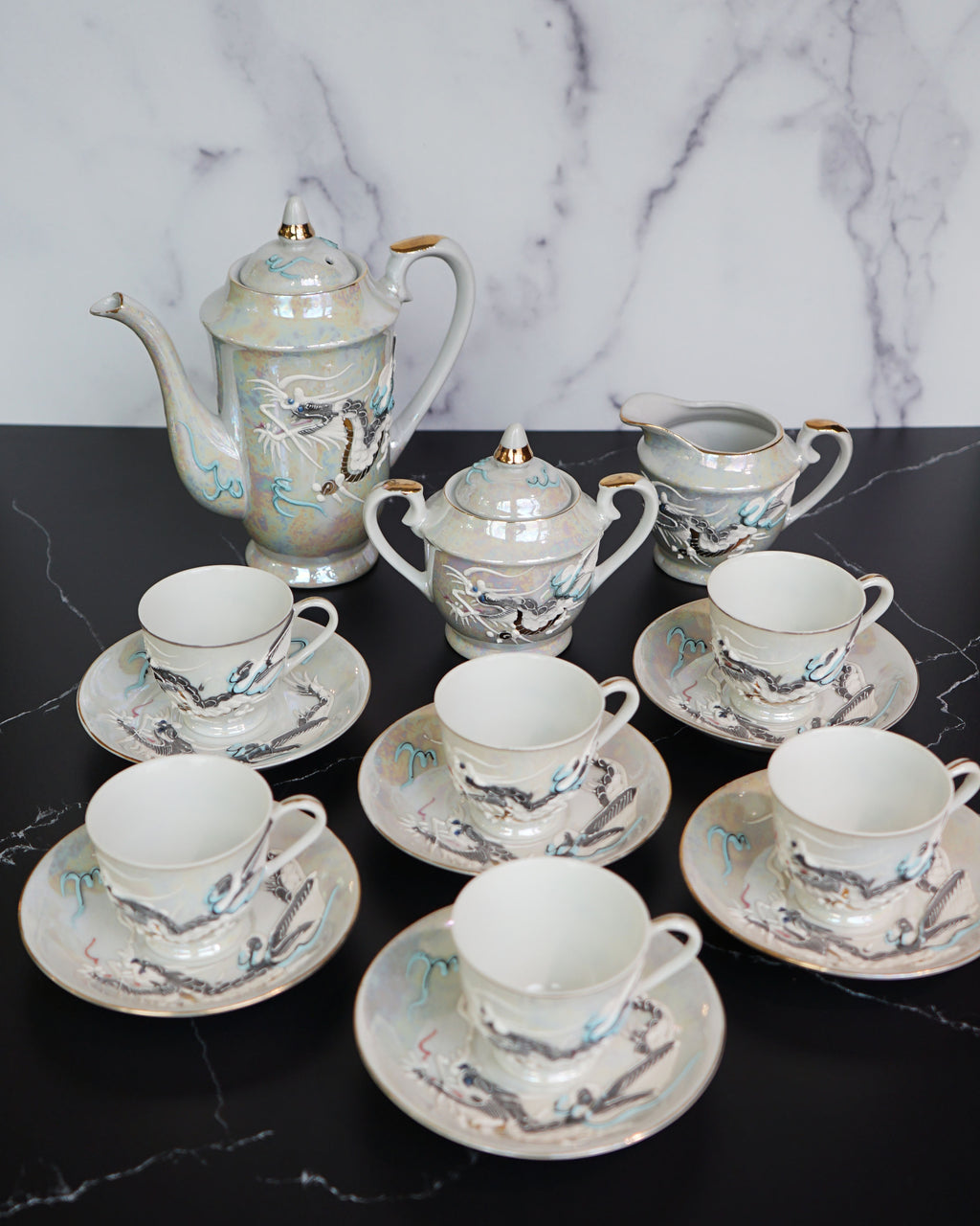 1950s Moriage Dragonware Demitasse Lithophane Tea Set