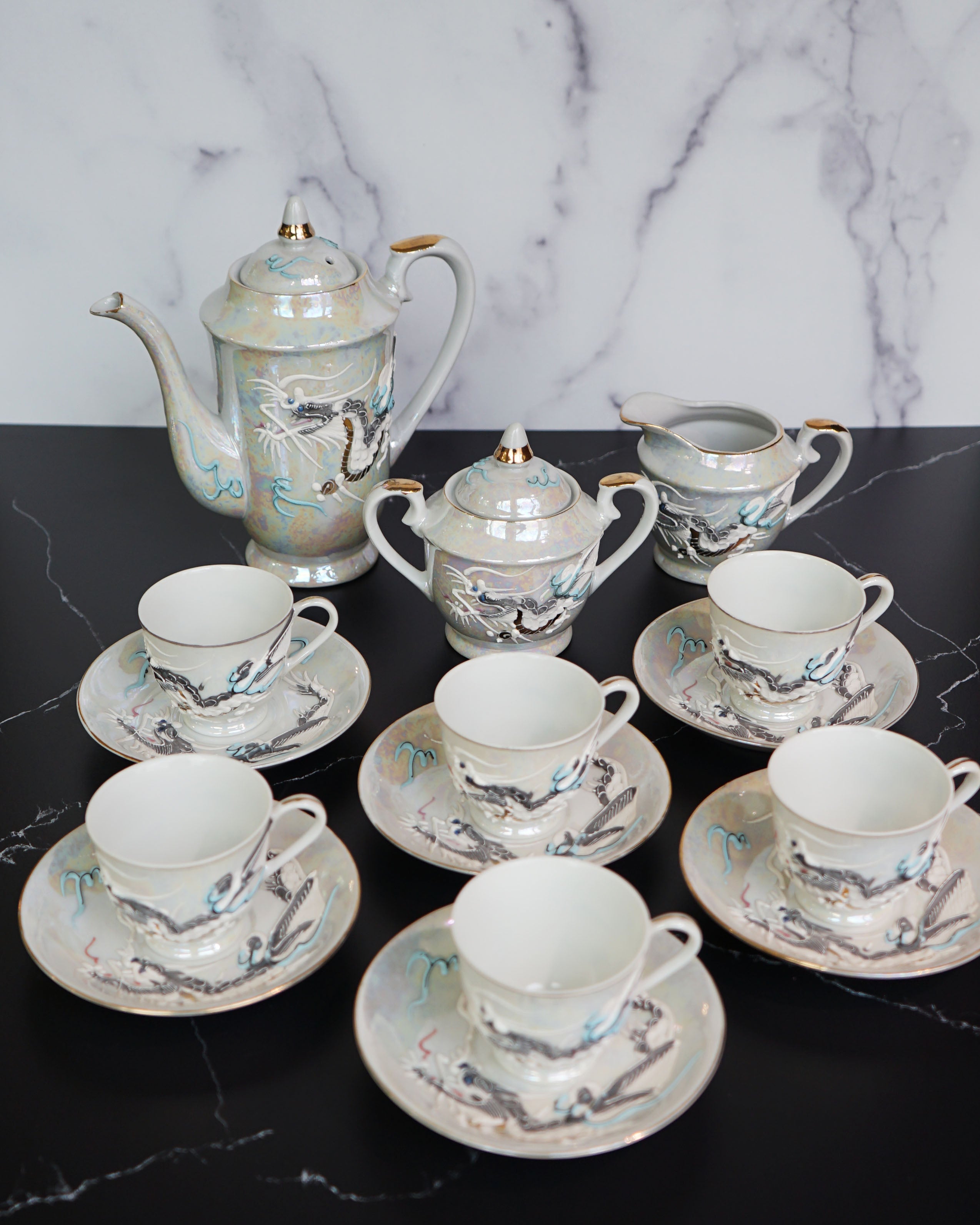 1950s Moriage Dragonware Demitasse Lithophane Tea Set