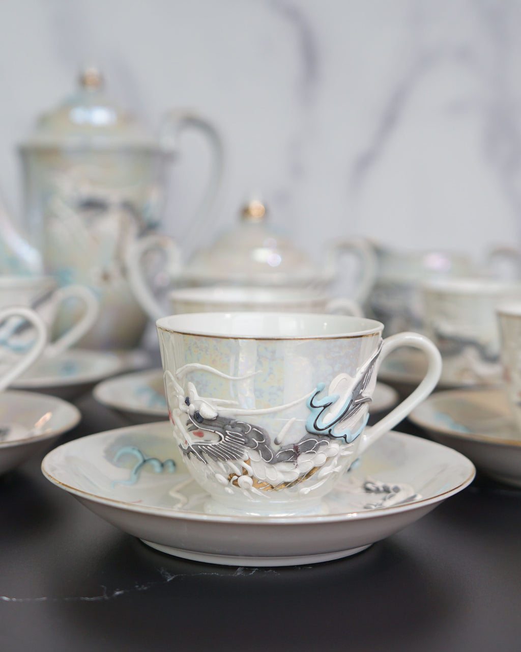 1950s Moriage Dragonware Demitasse Lithophane Tea Set