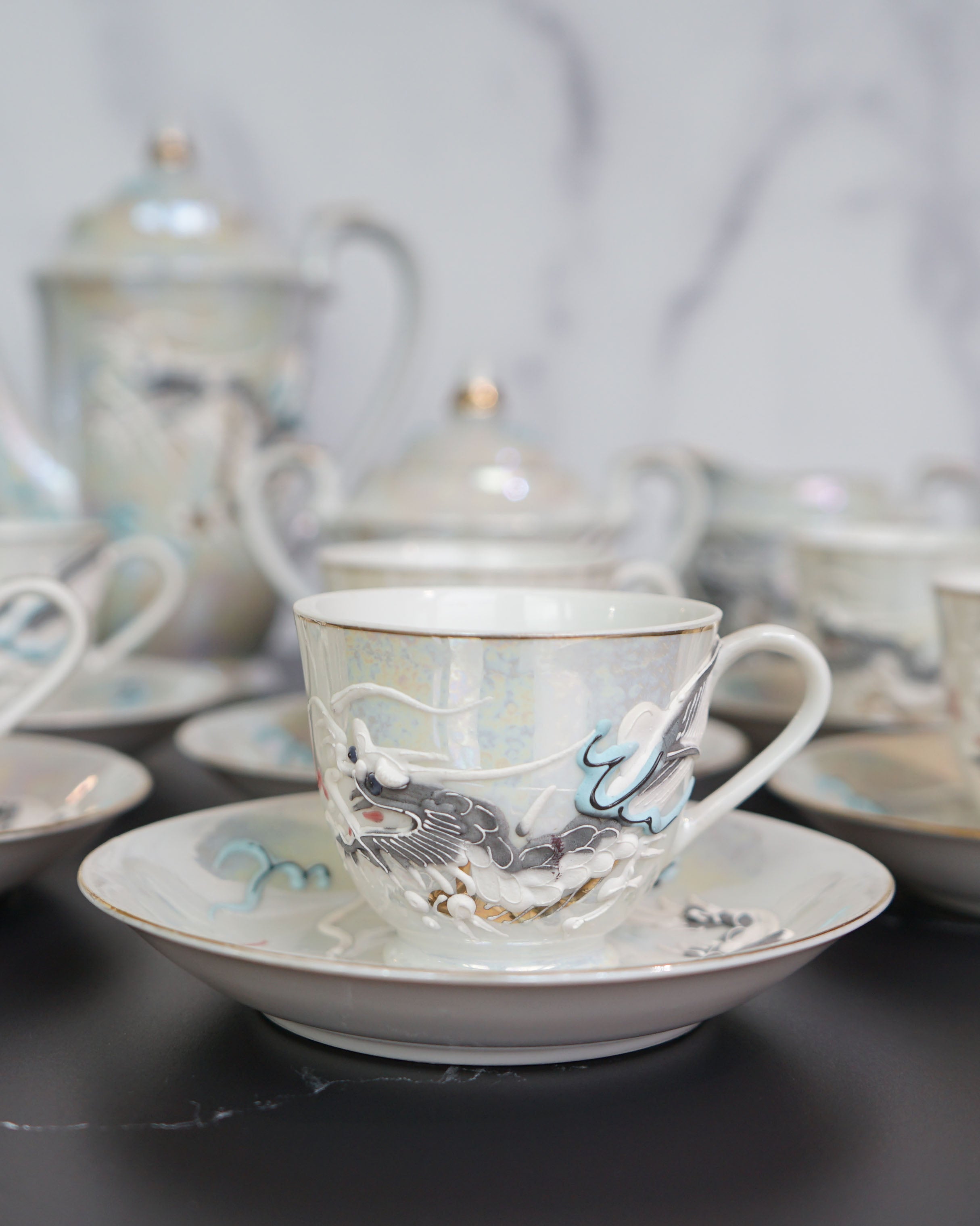 1950s Moriage Dragonware Demitasse Lithophane Tea Set